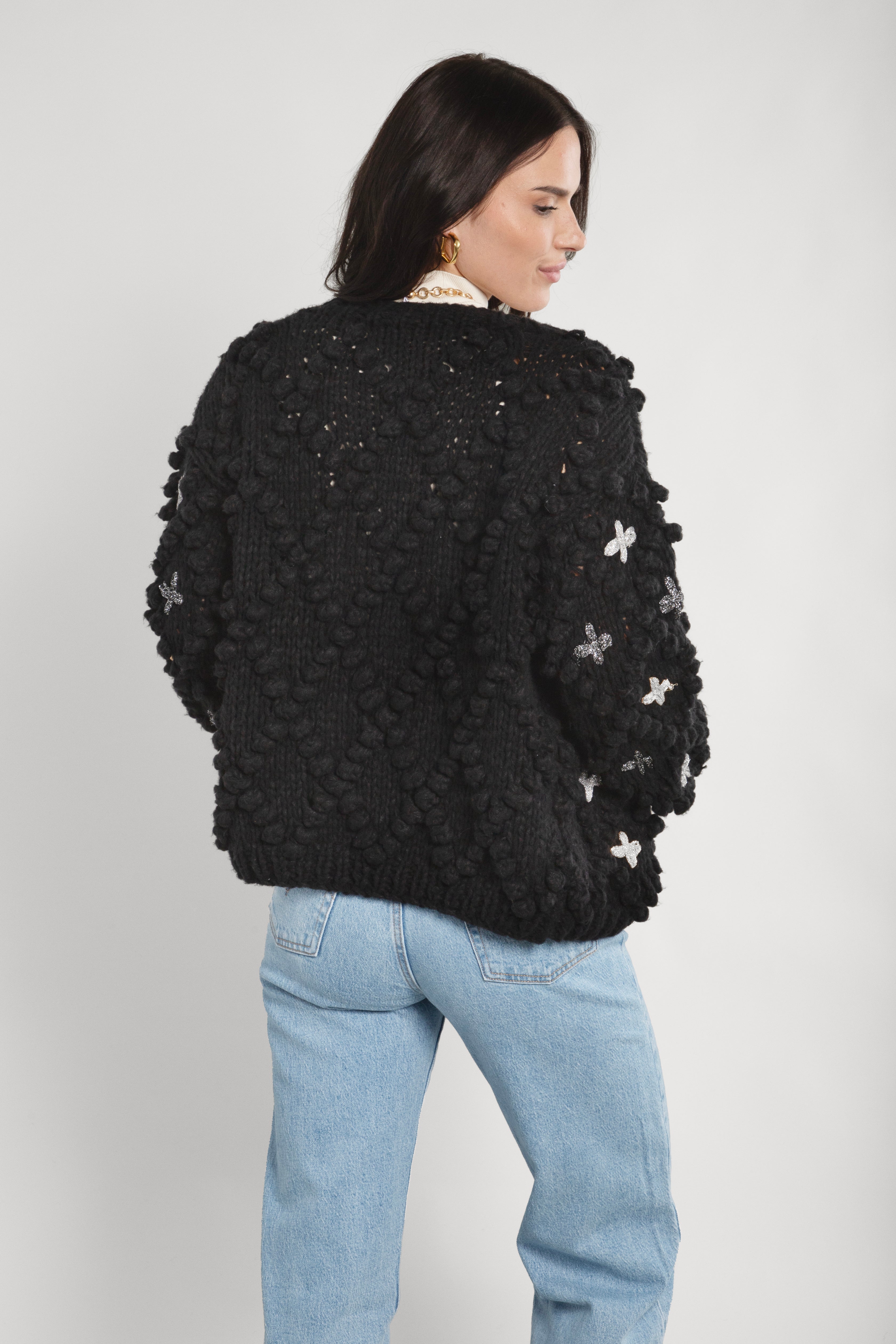 Cozy Knitted Cardigan with Cross Pom Pom Details - Soft Warm Women's Sweater for Fall & Winter - Perfect for Casual Outfits and Layering