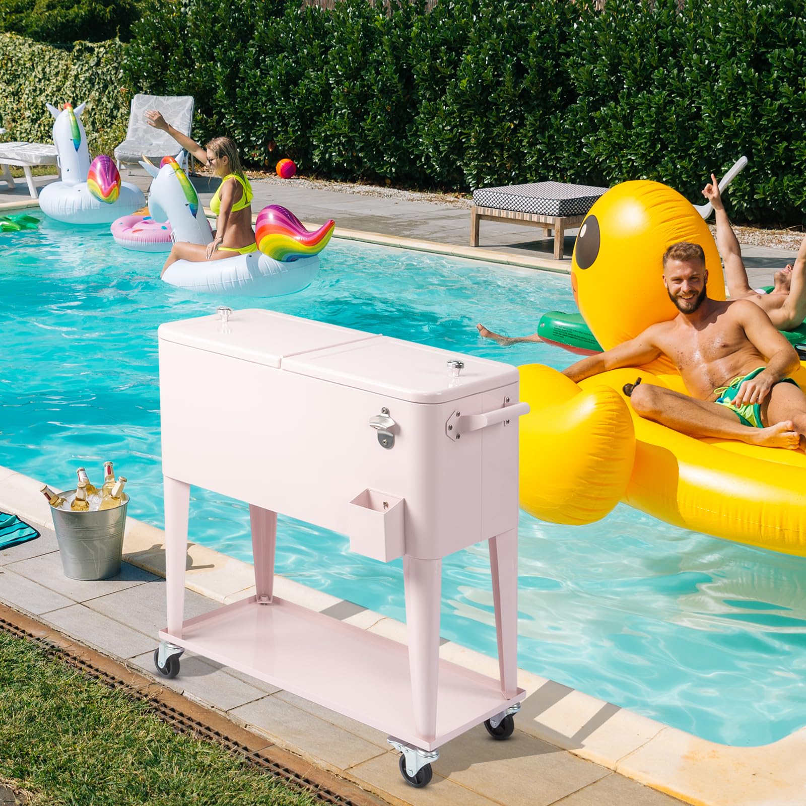 Outvita 80 Quart Rolling Ice Chest Cooler - Portable Wheeled Drink Cooler with Catch Basin, Bottom Storage Tray & Bottle Opener - Perfect for Outdoor Parties, BBQ, Beach Trips & Camping Adventures