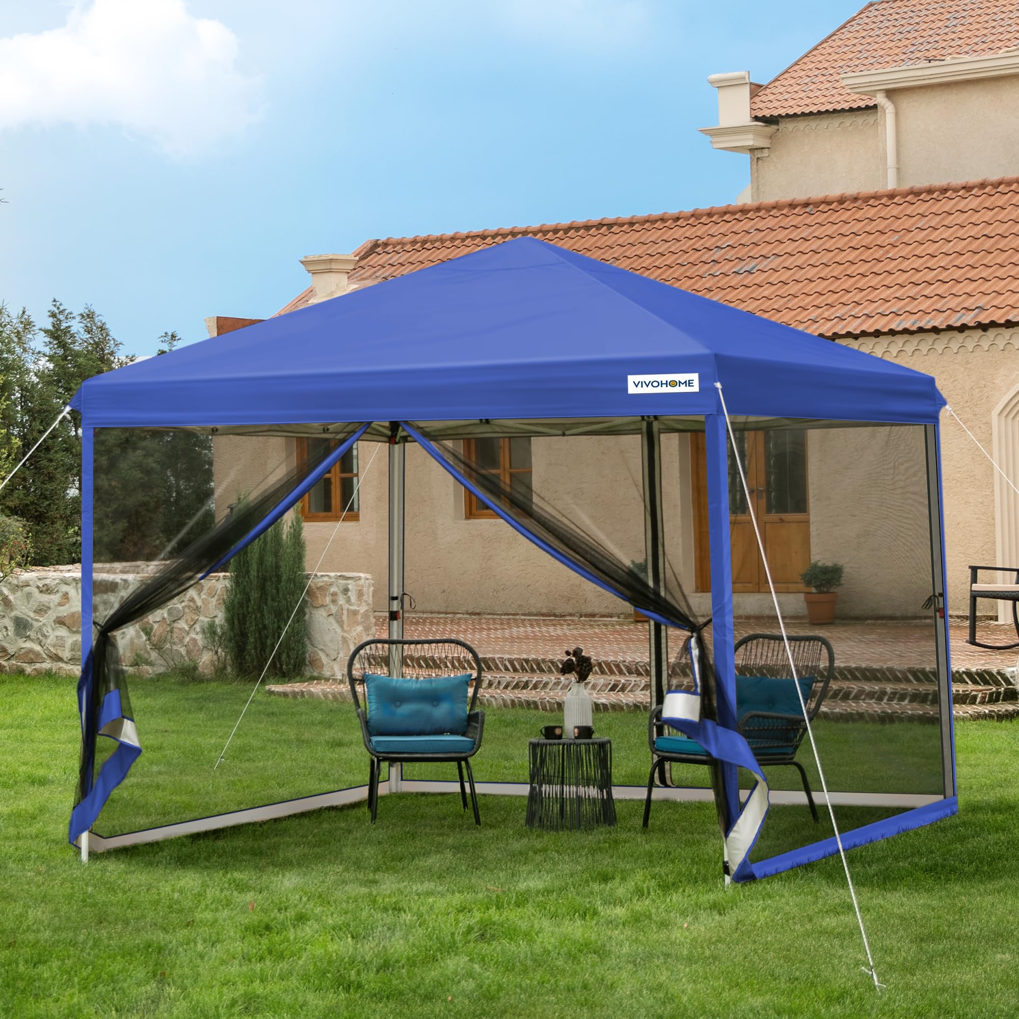 VIVOHOME 8x8ft Pop-Up Canopy Tent with Mosquito Net & 2 Zipper Doors - Portable Outdoor Shelter for Camping, Picnics, Beach Parties, Backyard BBQ - Includes Carry Bag (Blue)