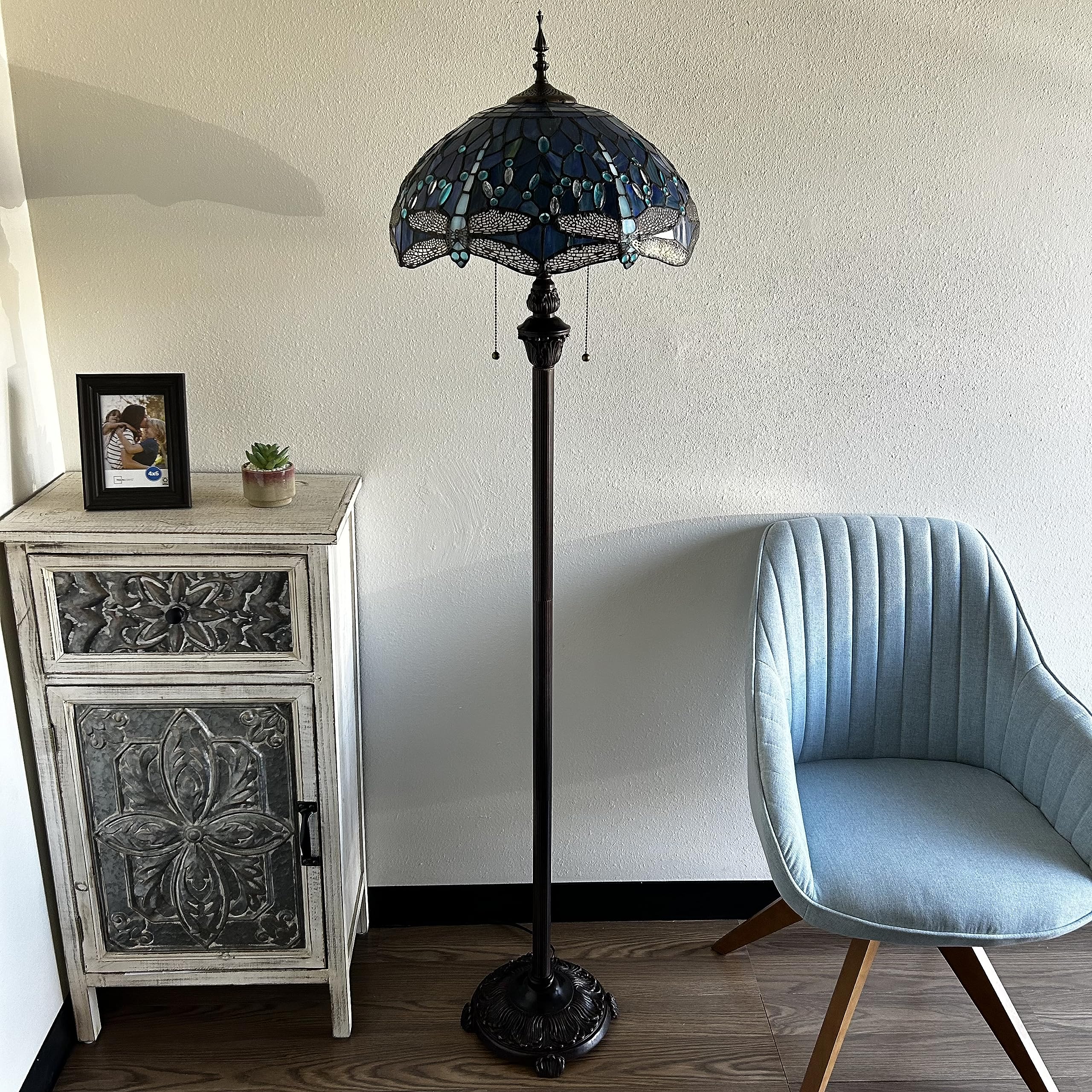 Tiffany Blue Stained Glass Dragonfly Floor Lamp with Metal Base & LED Bulbs - 16