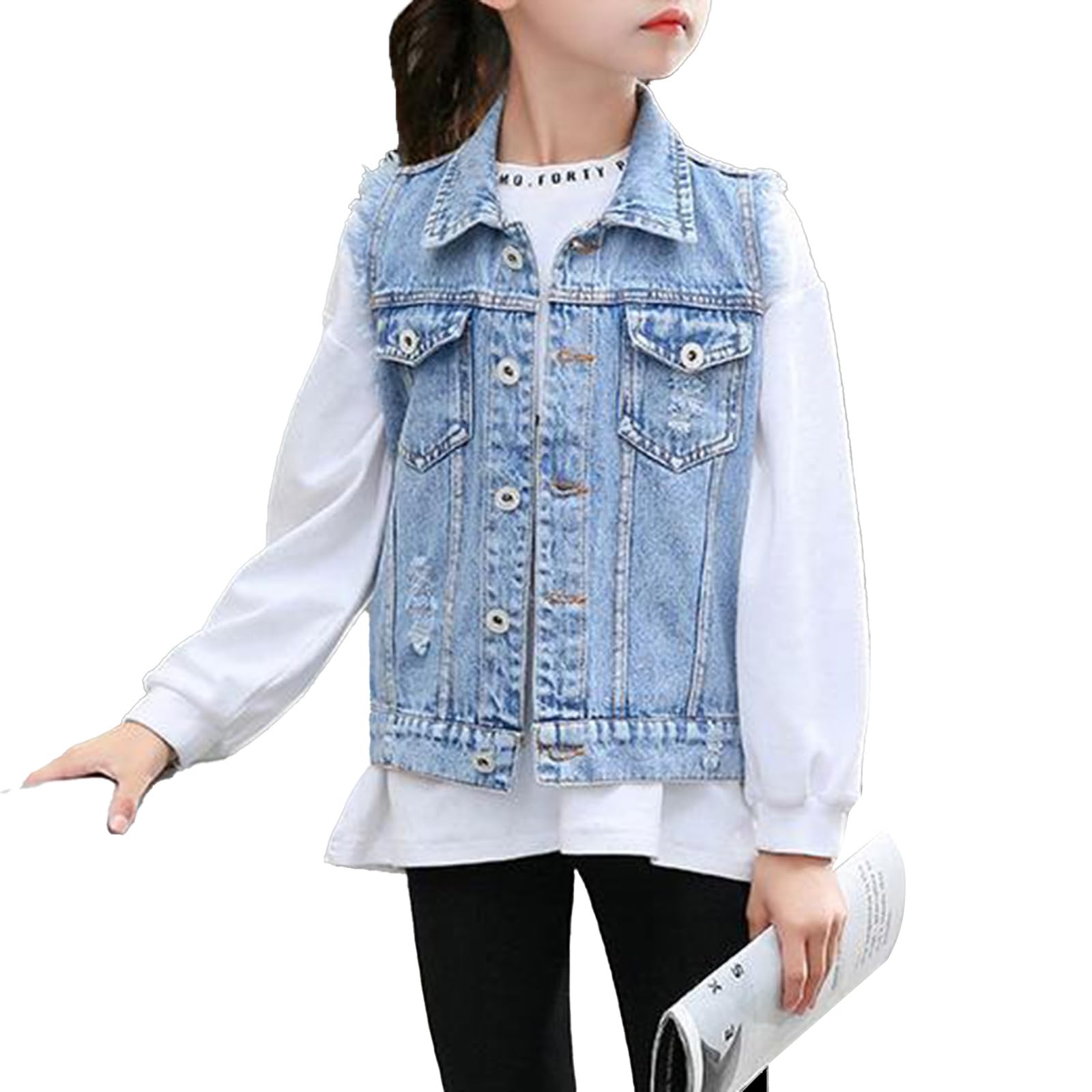 Girls' Distressed Denim Vest Jacket - Casual Cowboy Waistcoat Top for Kids - Stylish Jean Gilet for School & Fashion Outfits - Perfect for Playdates, Parties & Everyday Wear