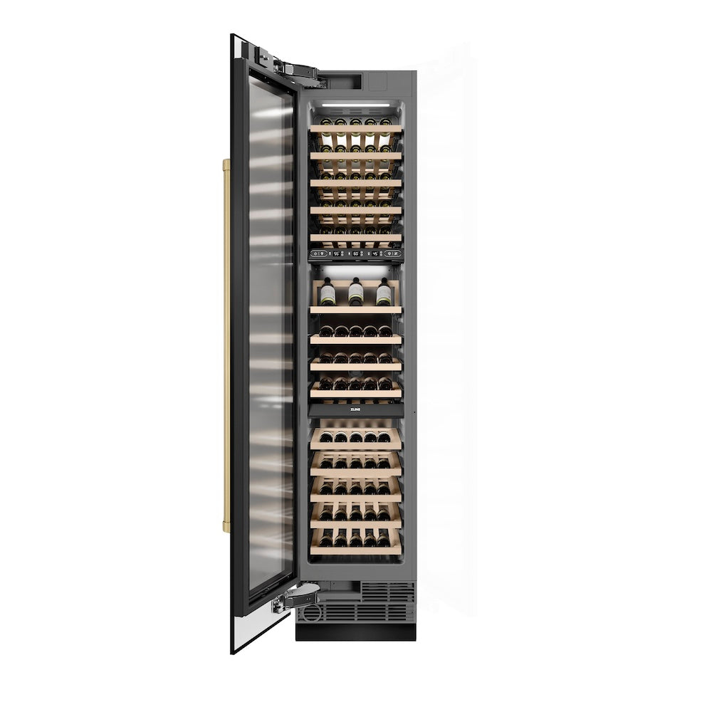ZLINE Autograph Edition 18 Inch 9.0 cu ft Triple Zone 68 Bottle Left Hinge Black Stainless Steel Wine Cooler with Champagne Bronze Accents - Perfect for Home Bars, Wine Cellars, and Entertaining Spaces (RCWVLZ BS 18 CB)