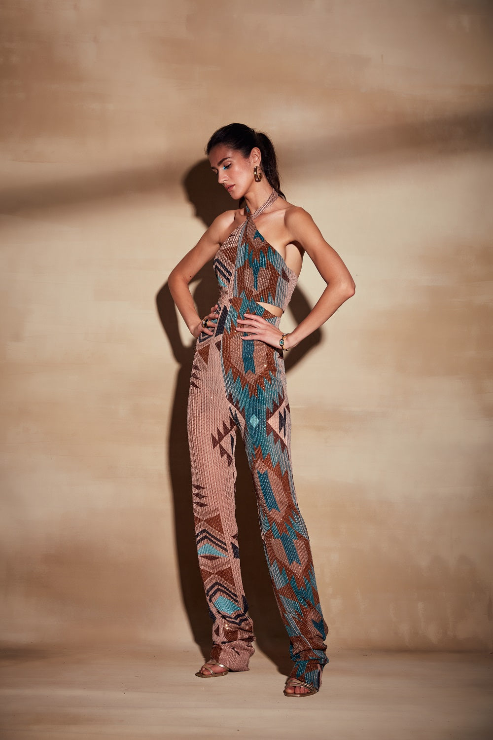 Turquoise Sequin Jumpsuit for Women - Elegant V-Neck Long Sleeve Party Romper with Floral Print | Perfect for Cocktail Parties, Night Out, and Special Occasions