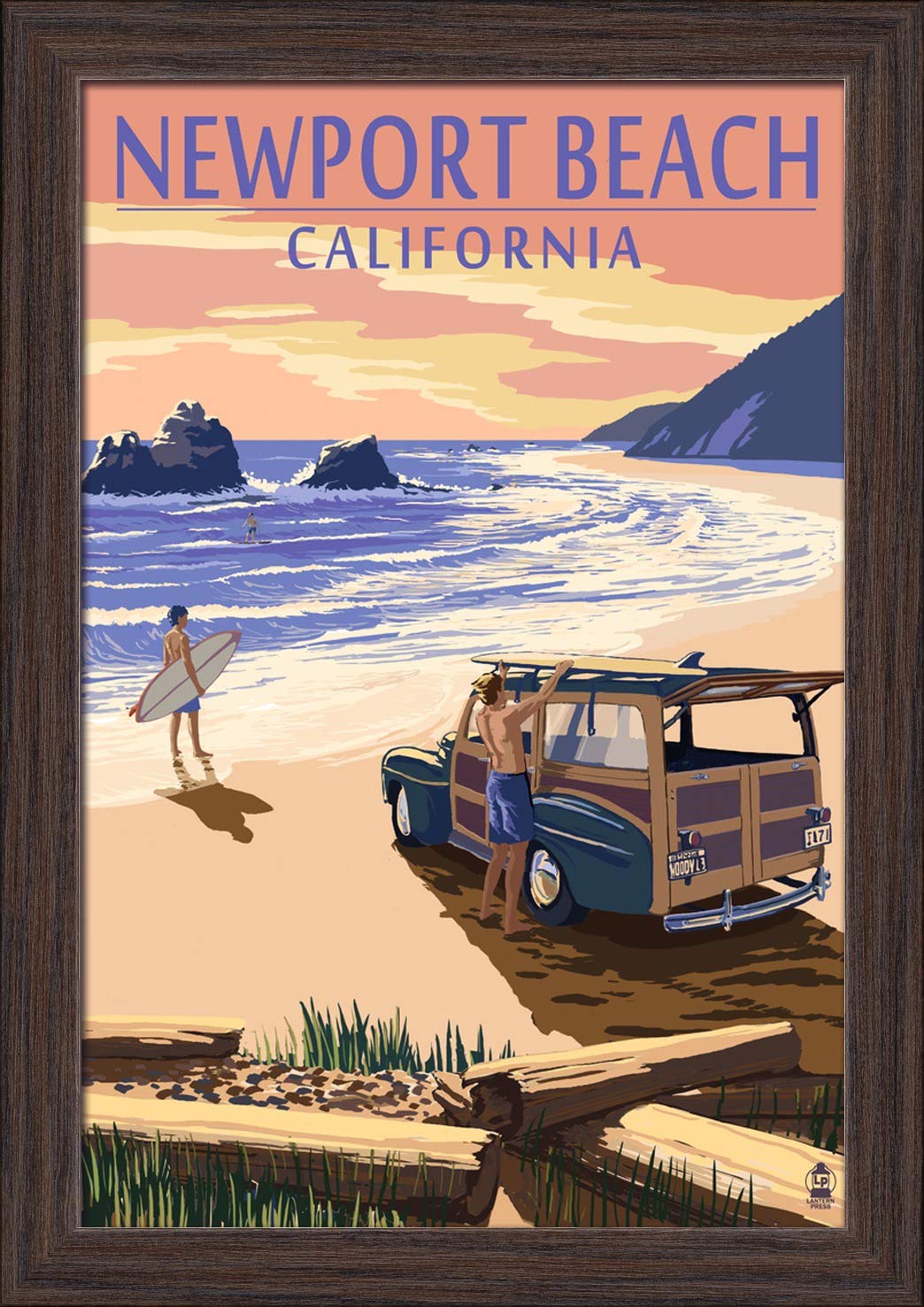Woody on Beach Newport California - 12x18 Giclee Fine Art Print with Recycled Wood Frame in Espresso Brown - Perfect for Coastal Home Decor & Beach House Wall Art
