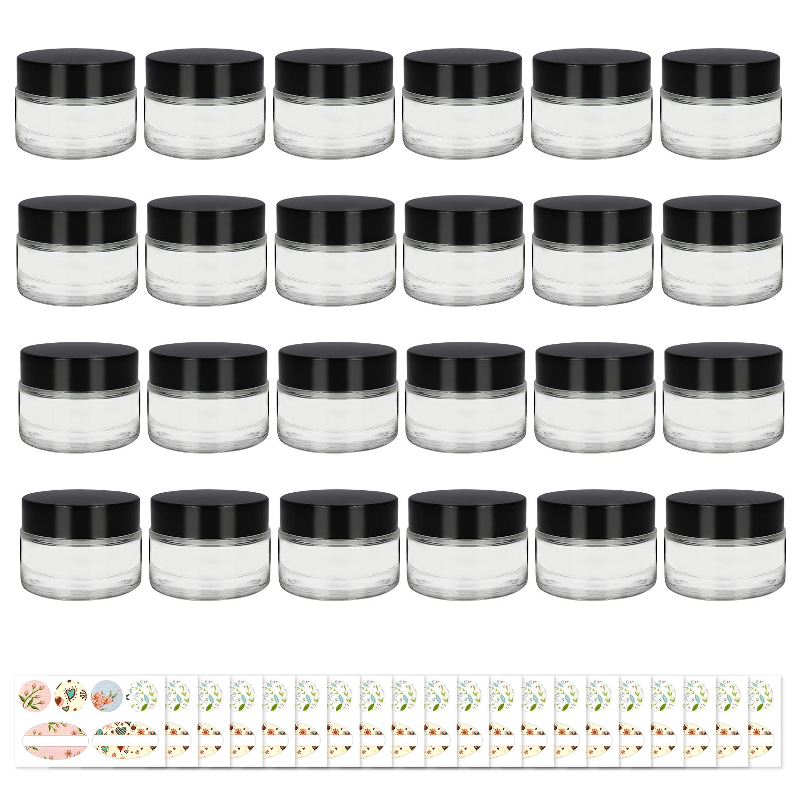 24 Pack 1oz Clear Round Glass Jars with Black Lids - Empty Cosmetic Containers with Inner Liners & Labels for Slime, Beauty Products, Lotions, Powders, Ointments | Perfect for DIY Crafts, Bath & Body Creations, Essential Oil Blends, and Home Organization
