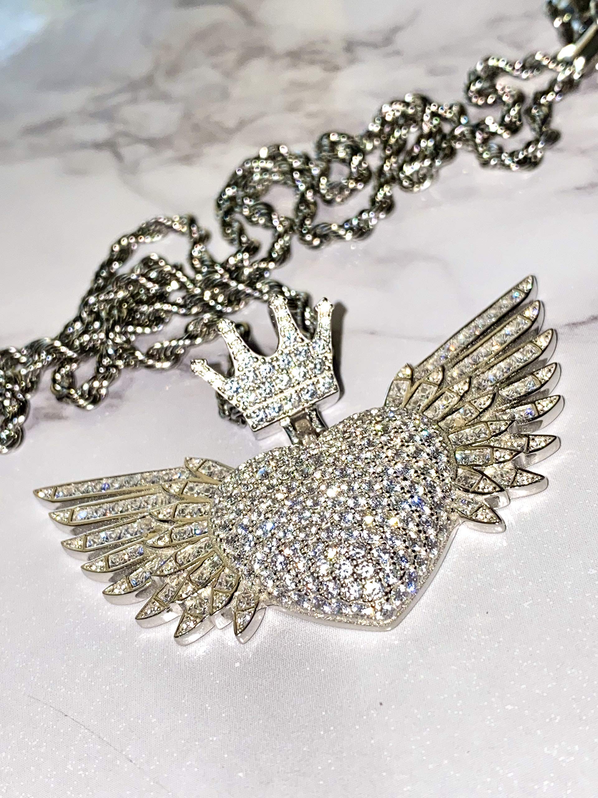 925 Sterling Silver Angel Heart Pendant Necklace for Men & Women - Italian White Gold Finish Iced Out Charm with 3mm Stainless Steel Rope Chain (16