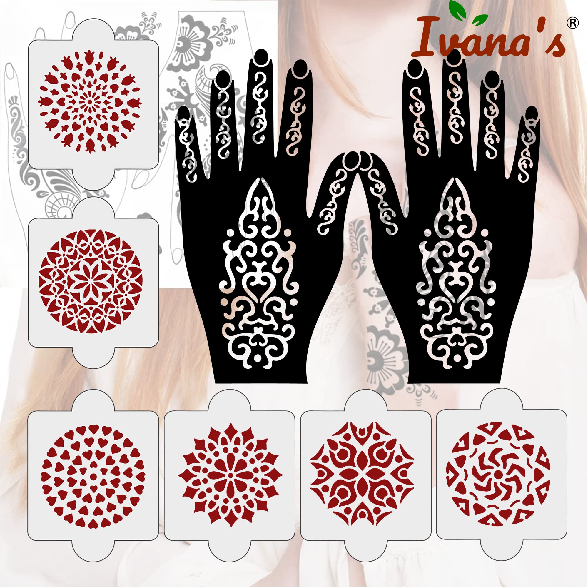 8 Pcs Reusable Henna Stencil Kit - 2 Henna Tattoo Stencils + 6 Laser Cut PVC Templates for Women, Girls & Kids | Easy Application Mehandi Stickers for Full Hand Designs | Perfect for Weddings, Festivals & DIY Body Art (IVNH-1001)