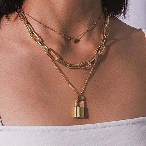 Vintage Layered Heart Pendant Necklace for Women - Gold Lock Charm Fashion Chain Jewelry - Perfect for Date Night, Gift Giving & Everyday Wear
