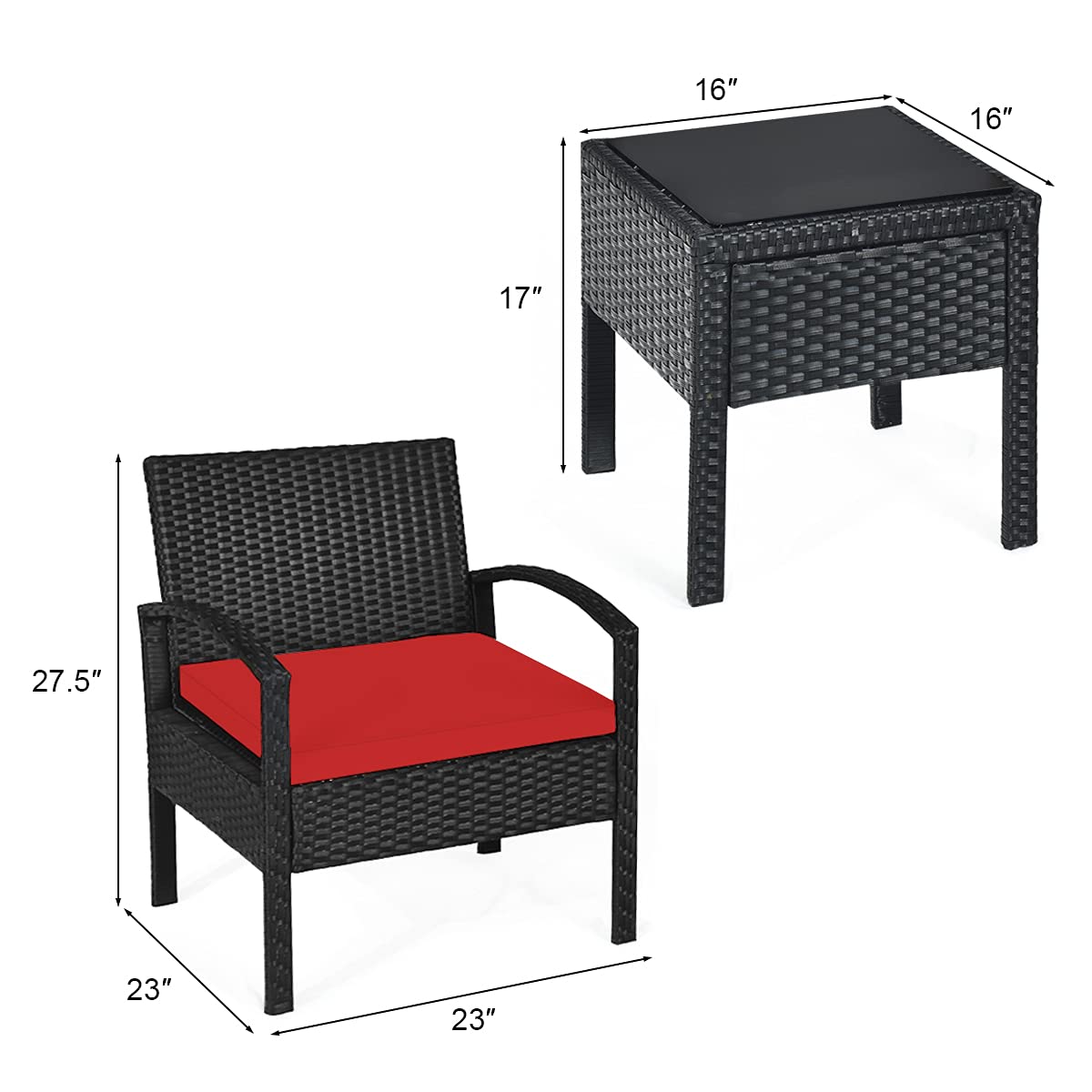 Tangkula 3-Piece Outdoor Patio Conversation Set - Wicker Rattan Sofa with Cushions & Coffee Table - Garden, Balcony, Backyard, Poolside Furniture (Red) - Perfect for Relaxing, Entertaining & Outdoor Lounging