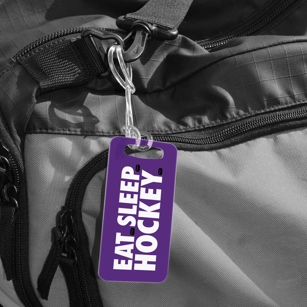 Custom Hockey Luggage Tag - Eat Sleep Hockey Design with Personal Info on Back - Small Purple Bag Tag for Travel & Sports Gear