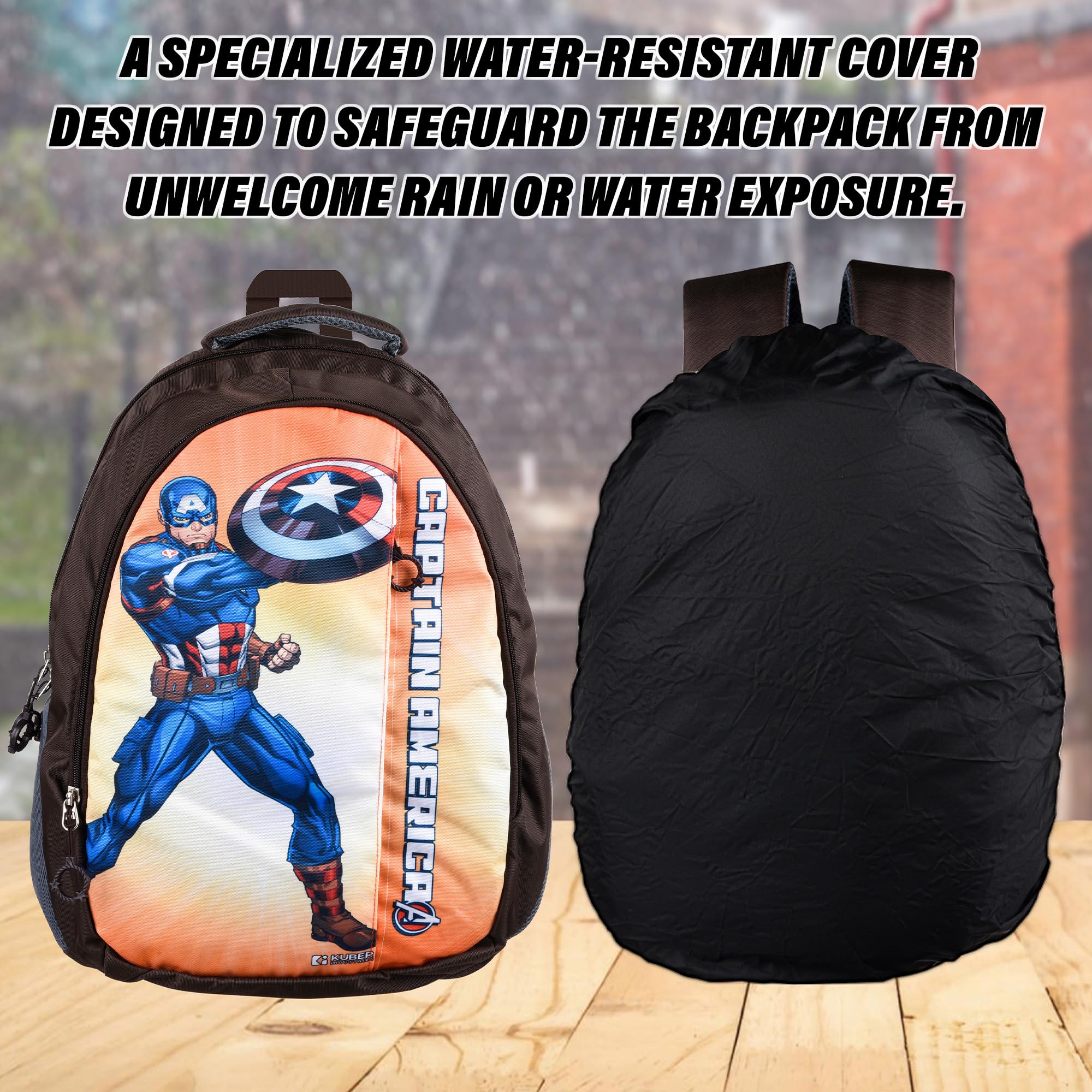 **Marvel Captain America School Backpack for Kids & Teens | 5-Compartment Bookbag for College, Travel & Daily Use | Durable School Bag for Boys & Girls | Includes Free Bag Cover | Brown**    *(Use for school, college, travel, gym, or everyday carry – perfect for students and Marvel fans!)*