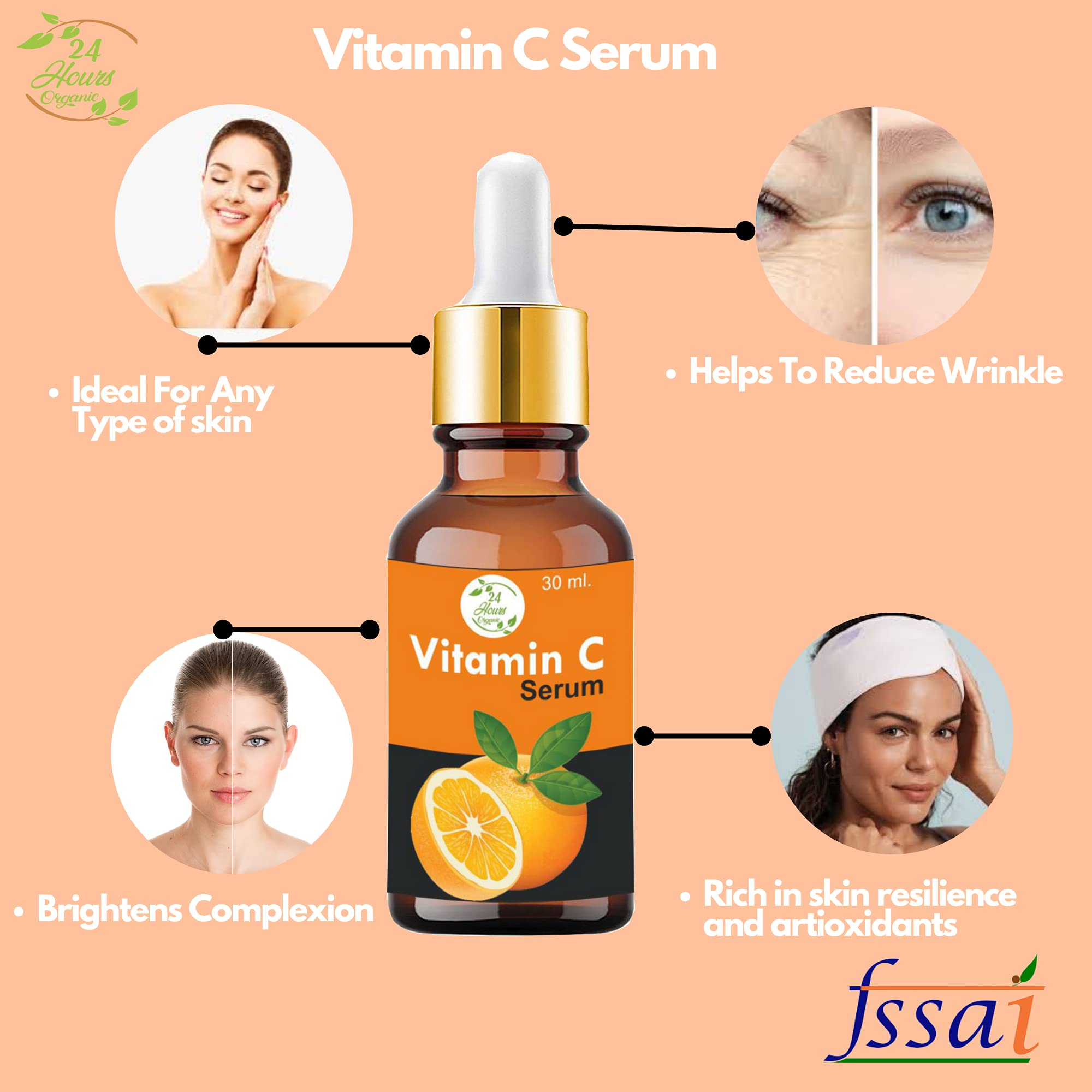 24-Hour Organic Vitamin C Serum for Glowing Skin - Brightening Face Serum with Wrinkle Reduction & Deep Hydration - 60ml - Perfect for Morning/Night Skincare Routine & Anti-Aging Treatment