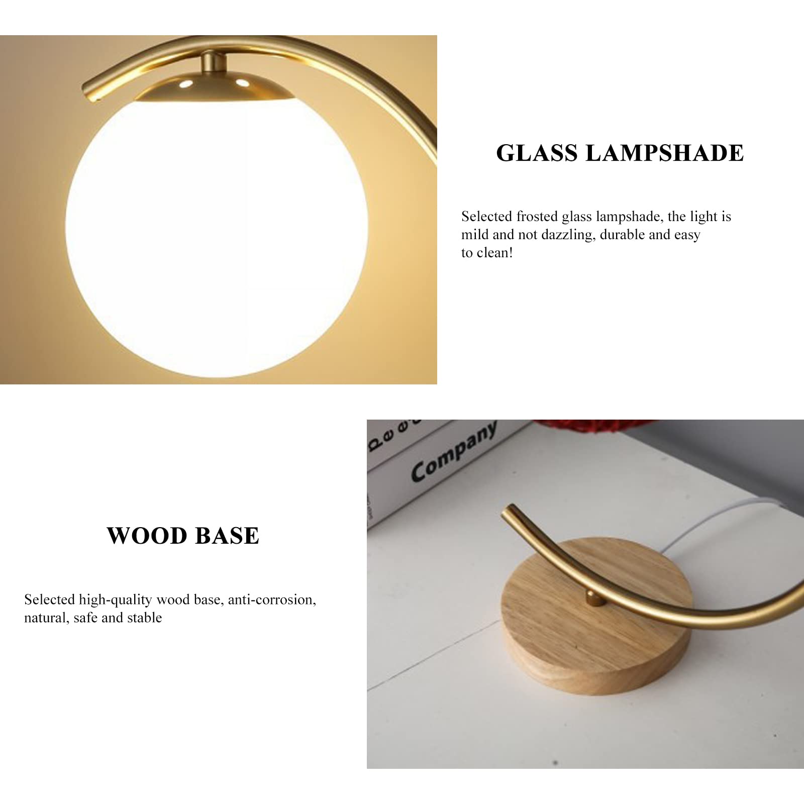 Modern Gold Glass Goble Bedside Table Lamp - Brass Nightstand Lamp with Round Frosted Glass Shade & Metal Base - Perfect for Reading, Office, Bedroom and Living Room Decor