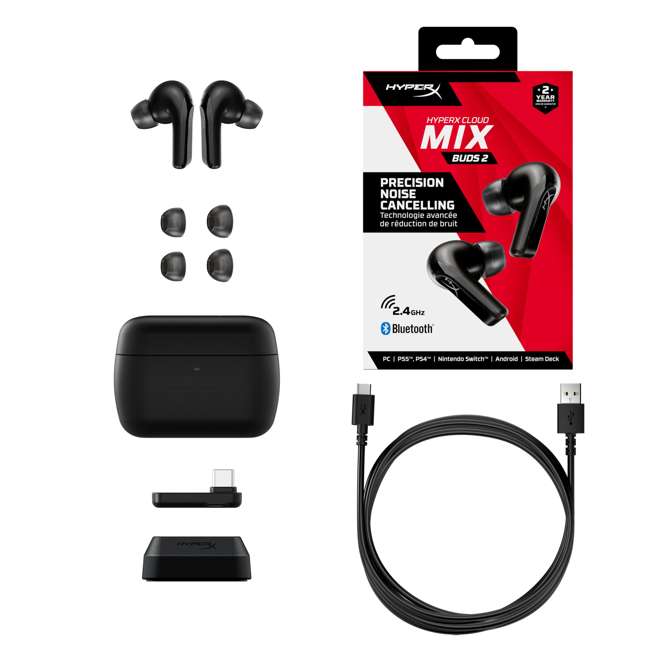 Cloud Mix Buds 2 Wireless Gaming Earbuds with Active Noise Cancelling (ANC), 2.4GHz Dongle & Bluetooth 5.3 - Compatible with PC, PS5, PS4, Nintendo Switch, Android & Steam Deck (USB-C, Black) - Perfect for Competitive Gaming & Mobile Entertainment
