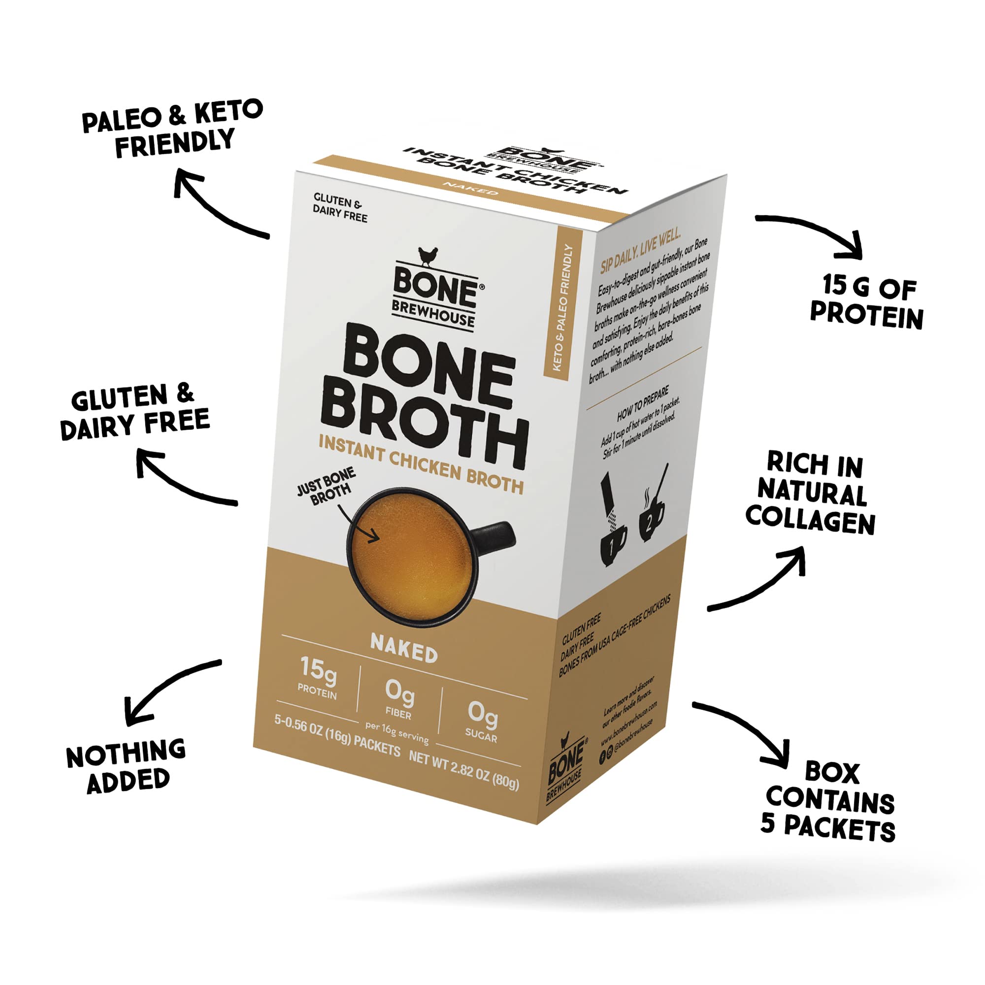 Bone Brewhouse Chicken Bone Broth Protein Powder - Unflavored, Keto & Paleo Friendly, 10g Protein, Natural Collagen, Gluten-Free - 5 Packets for Instant Soup, Post-Workout Recovery & Healthy Lifestyle
