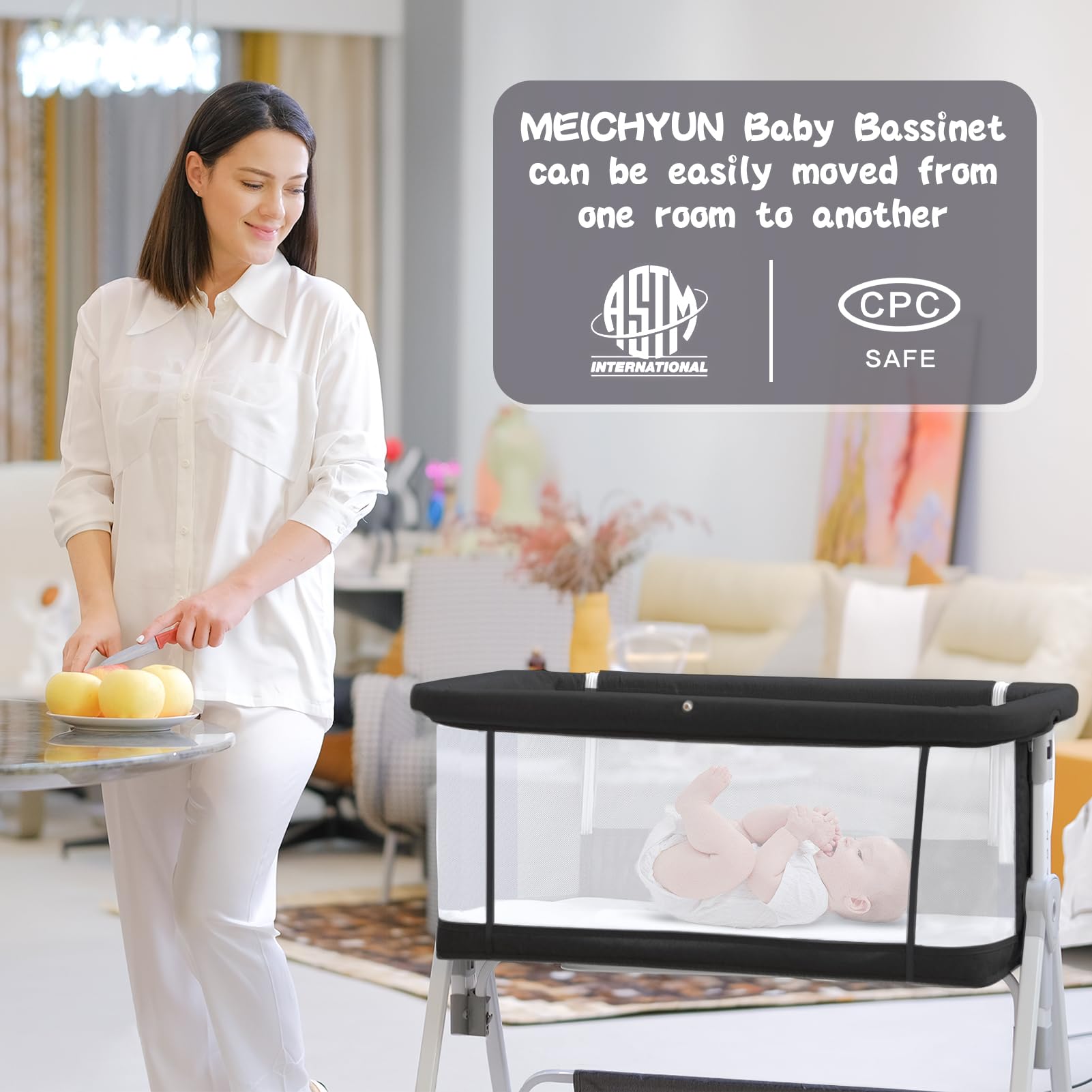 3-in-1 Portable Baby Bassinet with Hanging Toys | Foldable Bedside Sleeper Crib with 4-Sided Mesh, Wheels & Storage Basket | 6 Height Adjustable for Newborns & Infants | Perfect for Nursery, Bedroom & Travel (Black)