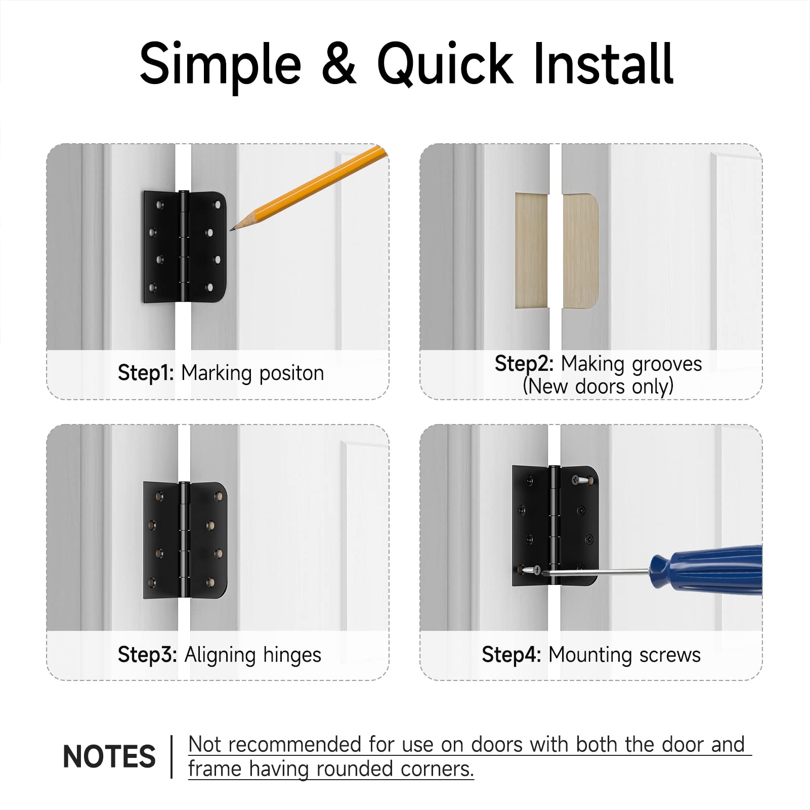 3 Pack 4 Inch Black Exterior Door Hinges with 5/8