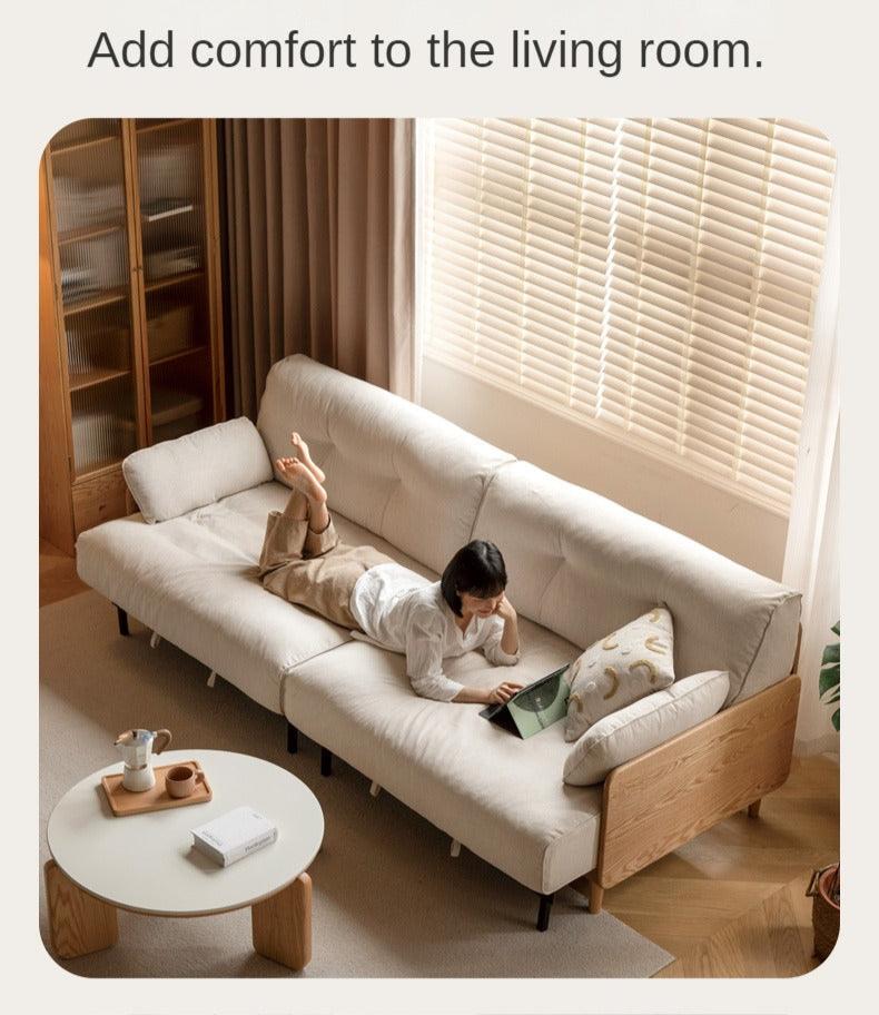 Solid Oak Wood Straight Fabric Sofa - Modern Living Room Furniture for Home & Office Comfort