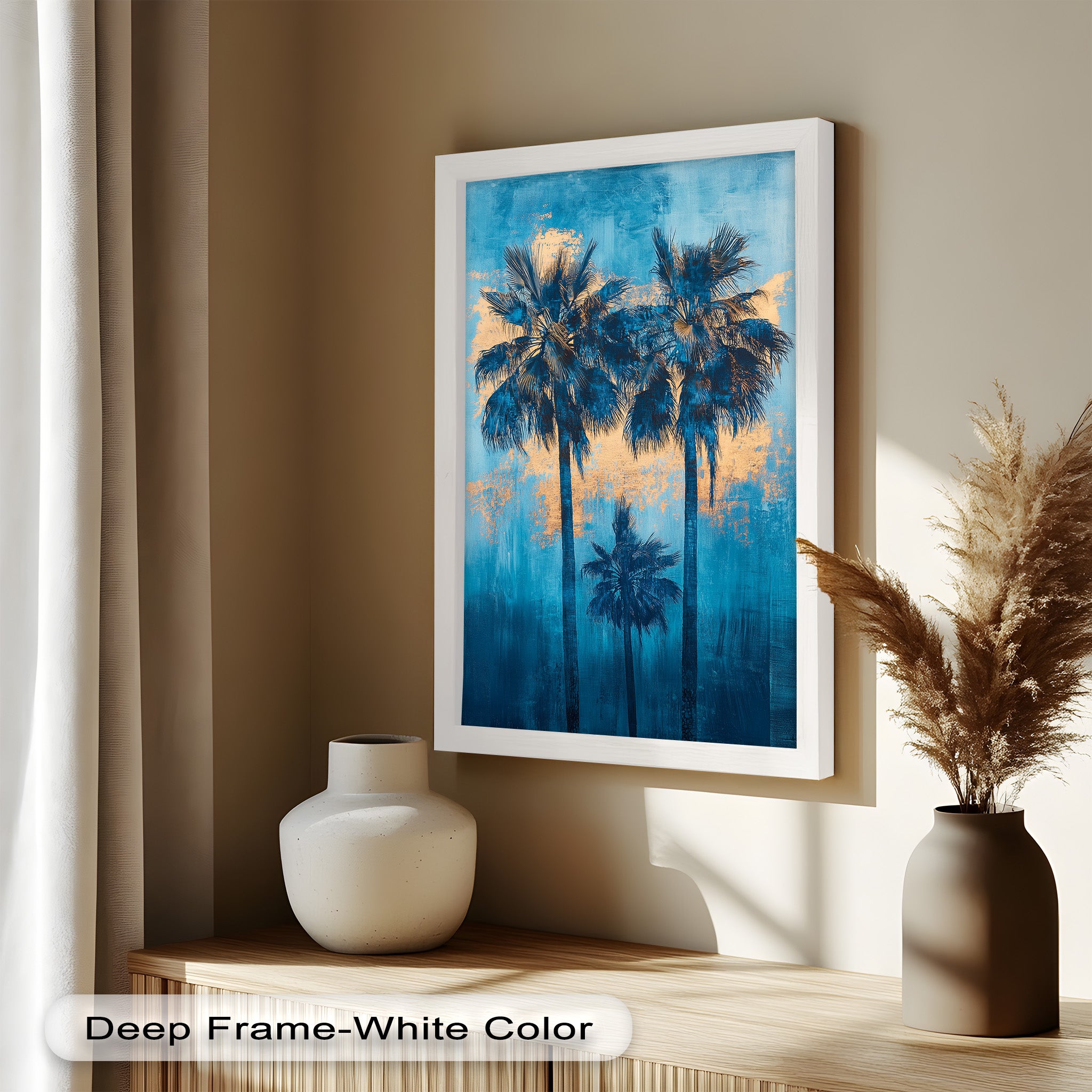 Blue Sunset Palms Tropical Oil Painting - Handmade Beach Wall Art for Living Room, Bedroom & Office Decor