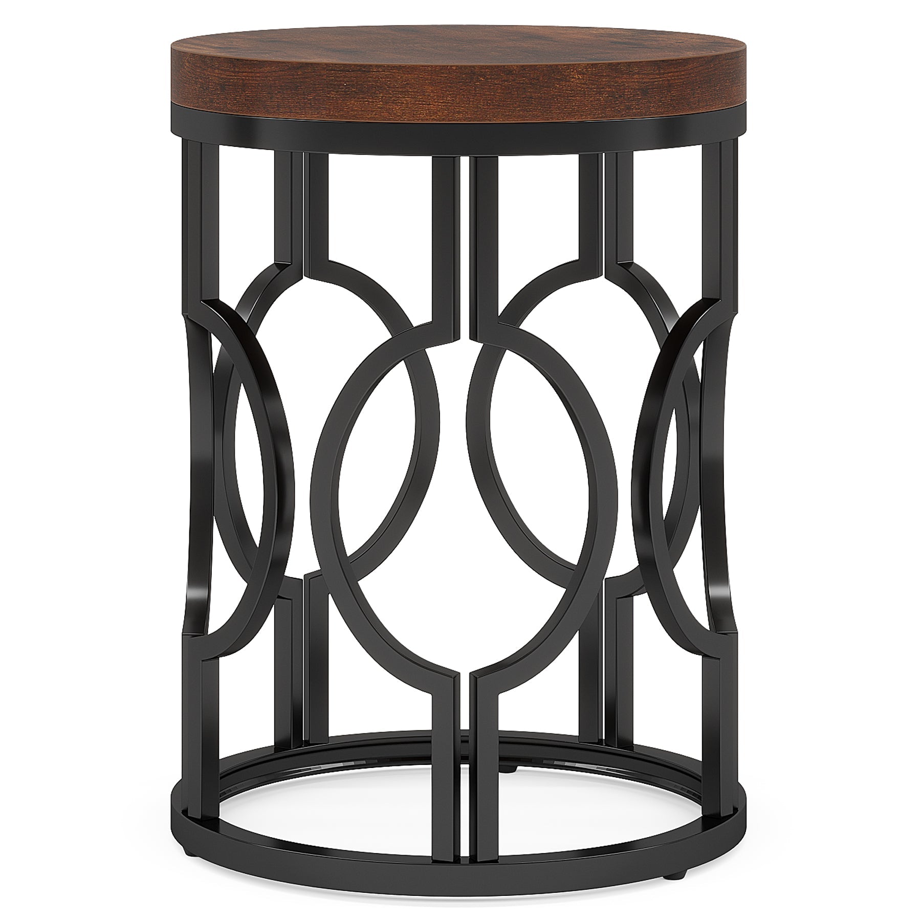 Industrial Round End Table with Metal Hollow Frame - Sturdy Side Table for Living Room, Bedroom, or Office Decor