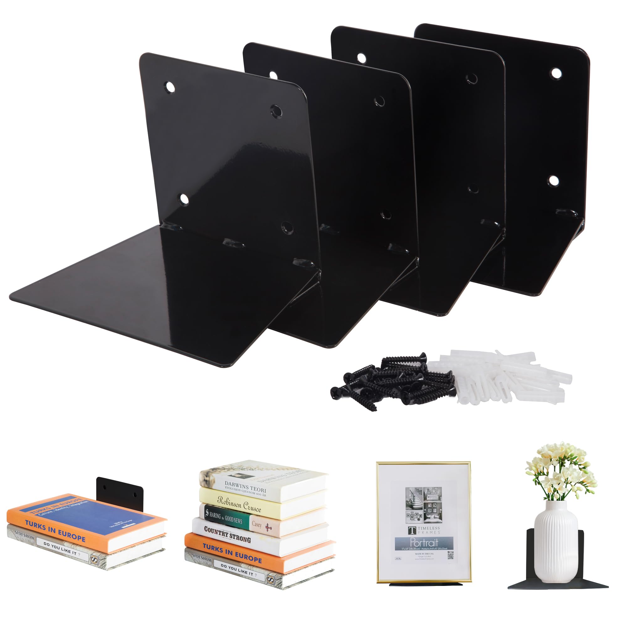 STORAGE MANIAC Floating Bookshelves - Heavy Duty Steel Wall Mounted Invisible Shelves (4-Pack, Black) - Perfect for Bedroom, Living Room & Office Decor - Organize Books, Photos & Decorative Items