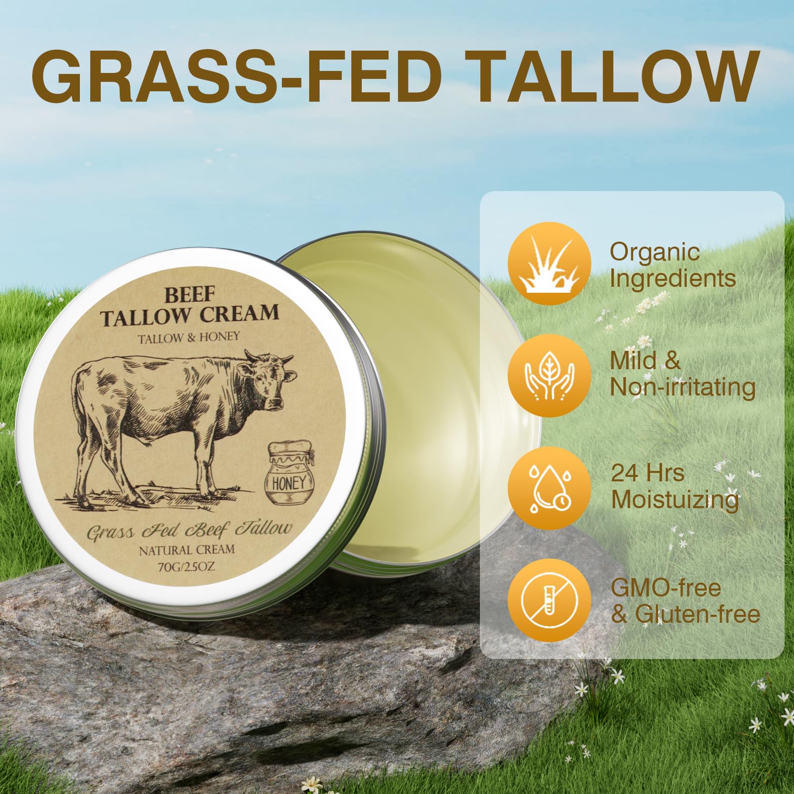 Grass-Fed Beef Tallow Balm with Honey - Natural Face & Body Moisturizer for Dry Skin Care