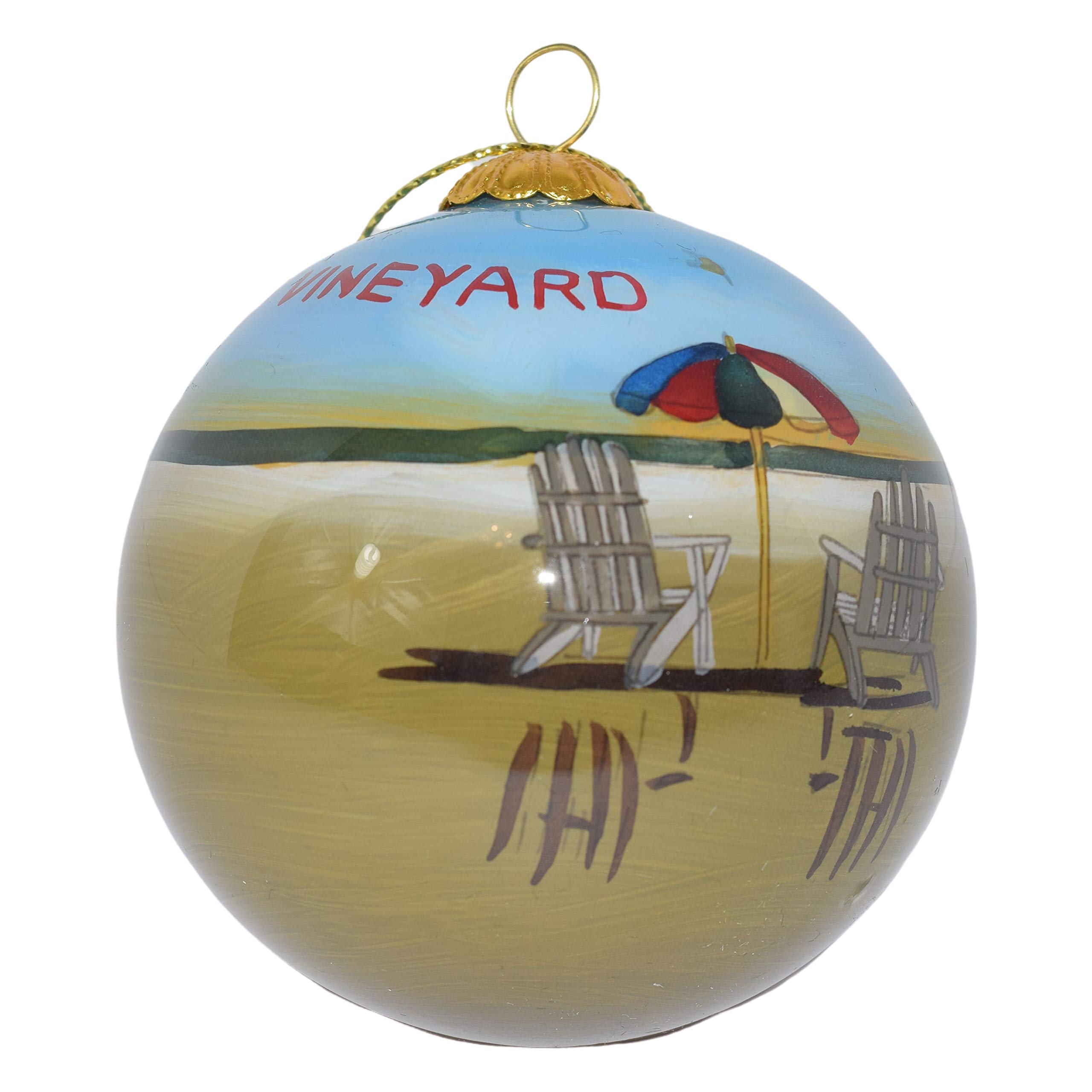 Hand-Painted Blown Glass Christmas Ornament - Beach Chairs Martha's Vineyard Design | Original Artwork with Gift Box | Perfect for Holiday Decorations & Unique Gifts