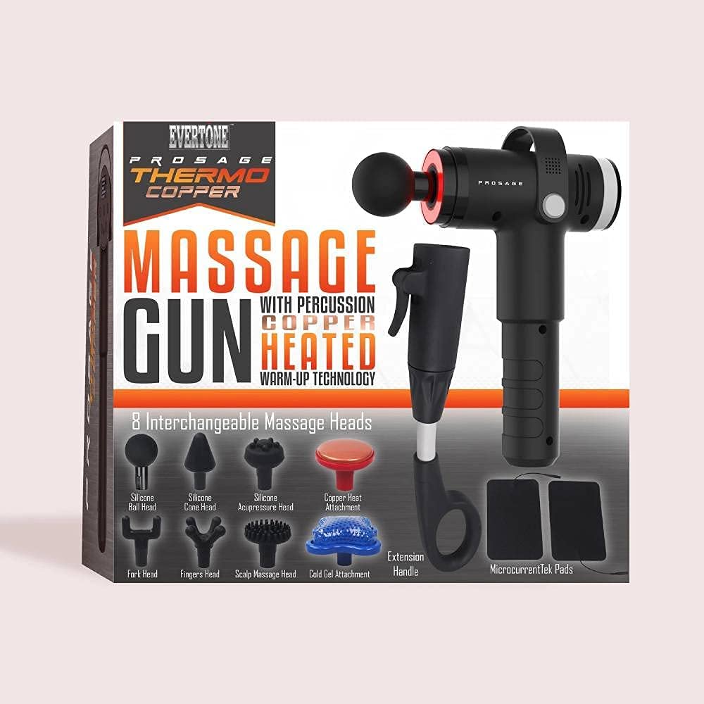 Evertone Prosage Thermo Percussion Massage Gun with Dual Warm-Up Technology - 8 Interchangeable Hot/Cold Heads for Muscle Recovery, Pain Relief & Inflammation - Deep Tissue Massager with Ergonomic Handle (Black) SB-123 - Perfect for Post-Workout Recovery, Physical Therapy & Home Relaxation