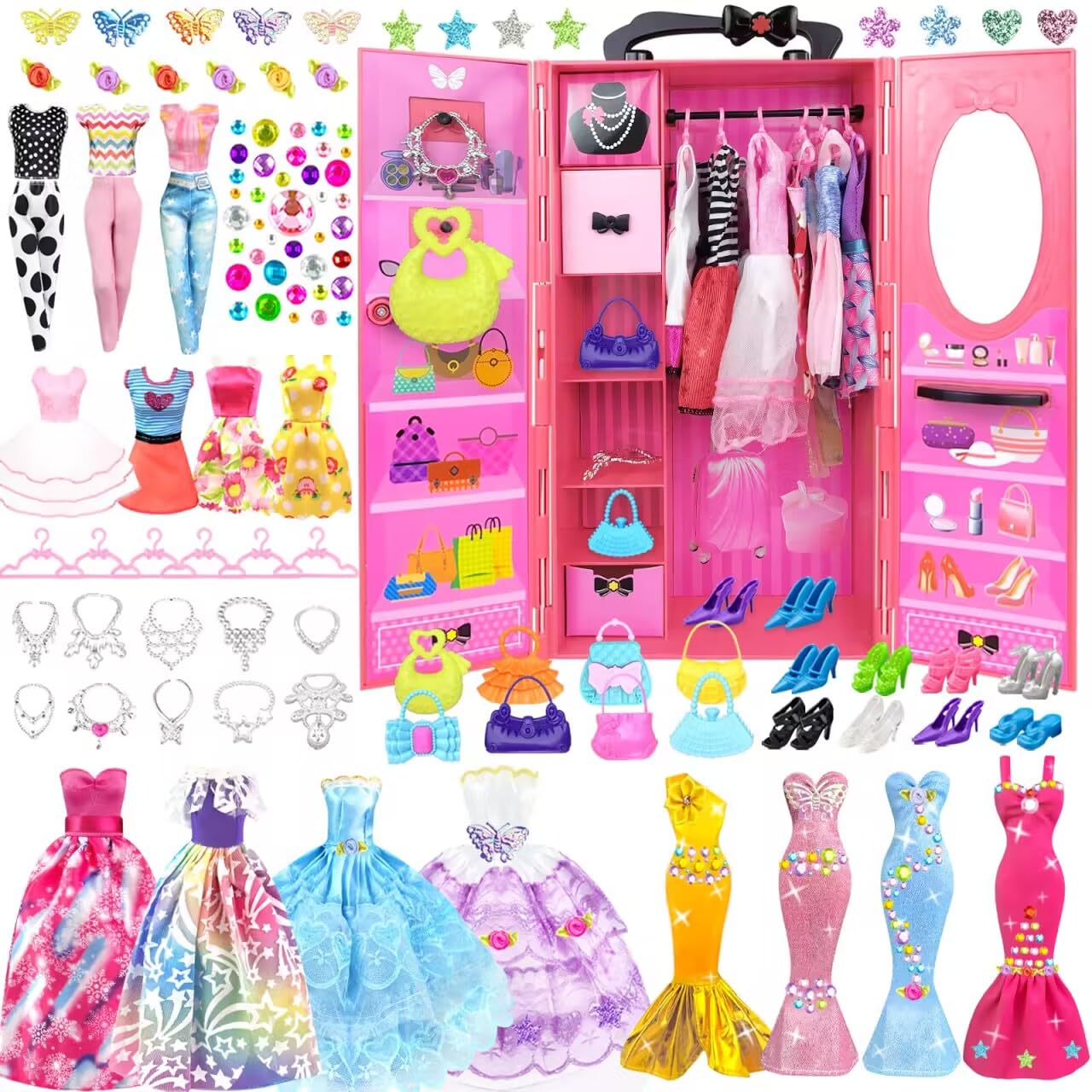 BNUZEIYI 84Pcs Doll Clothes & Accessories Set for 11.5 Inch Dolls - Fashion Design Kit with Wedding Dress, Tops, Pants, Shoes, Hangers & Bags | Perfect for Role Play, Dress Up & Birthday Gifts for Girls