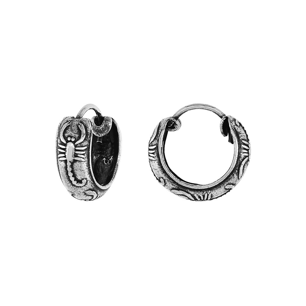 Sterling Silver Tiny 1/2 Inch Scorpion Hoop Earrings for Women & Girls - Half Round Hinged Oxidized Finish Dainty Jewelry - Perfect for Everyday Wear, Gifts & Boho Fashion