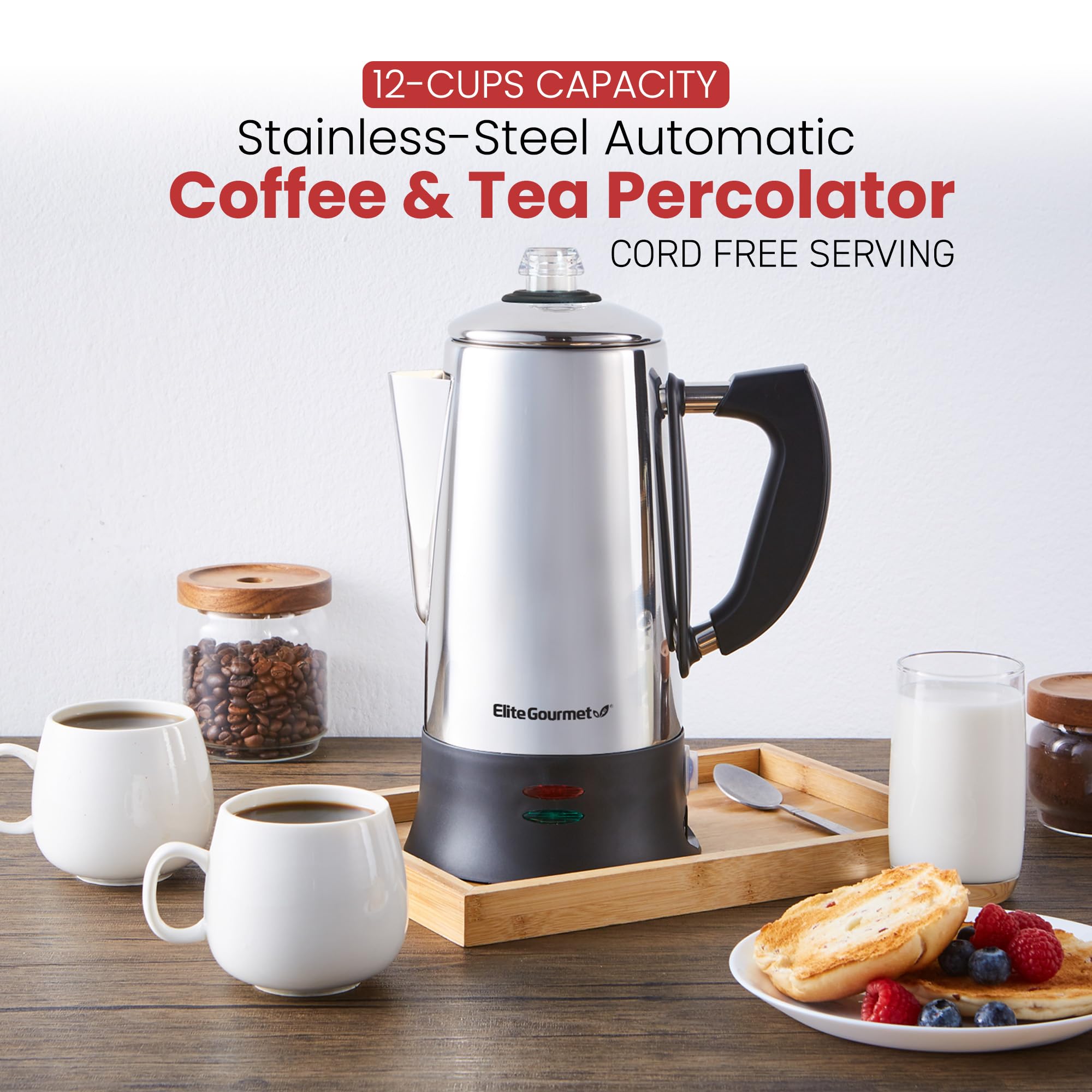 Elite Gourmet EC923 12-Cup Stainless Steel Electric Coffee Percolator - BPA Free, Keep Warm Function, Clear Brew Progress Indicator, Cool-Touch Handle & Cordless Serving - Perfect for Home, Office or Camping Coffee Brewing