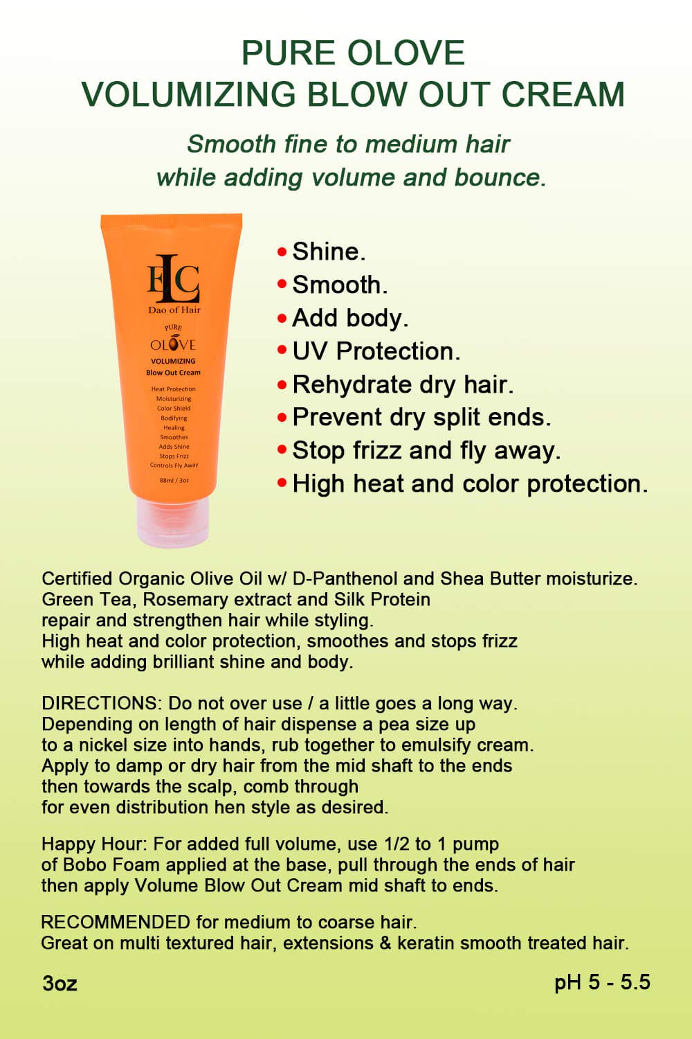 ELC Pure Olive Volumizing Blow Out Cream - 3 oz for Volume, Body & Bounce | Detangles, Moisturizes & Smooths Hair | Anti-Frizz & Humidity Control | Heat & Color Protection | Shine Enhancer for Fine to Medium Hair | Perfect for Salon-Quality Blowouts & Daily Styling