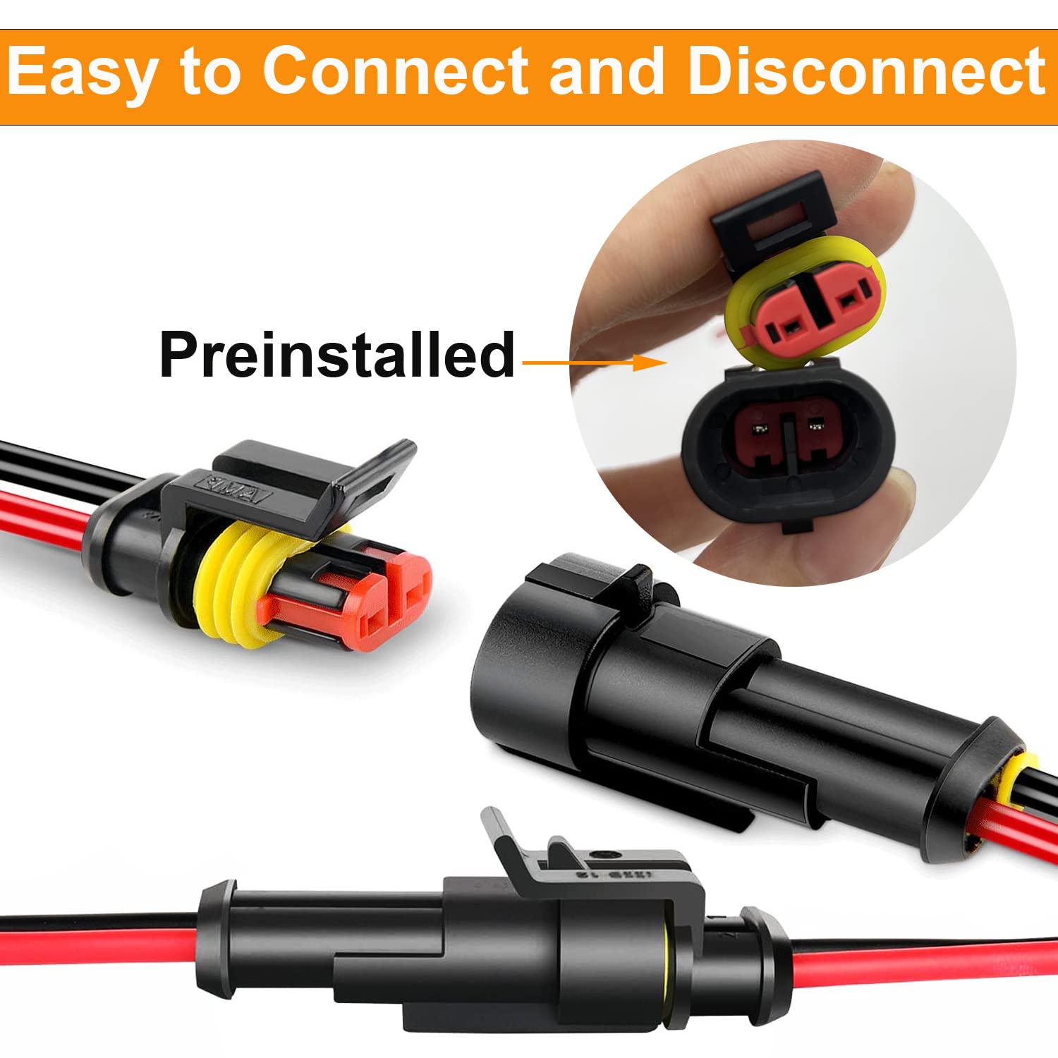 18 AWG 2 Pin Waterproof Automotive Electrical Connectors - Quick Disconnect 2 Wire Connector Kit with 18 Gauge Wire (10 Packs) - Perfect for Car Audio, LED Lights & Marine Wiring Applications
