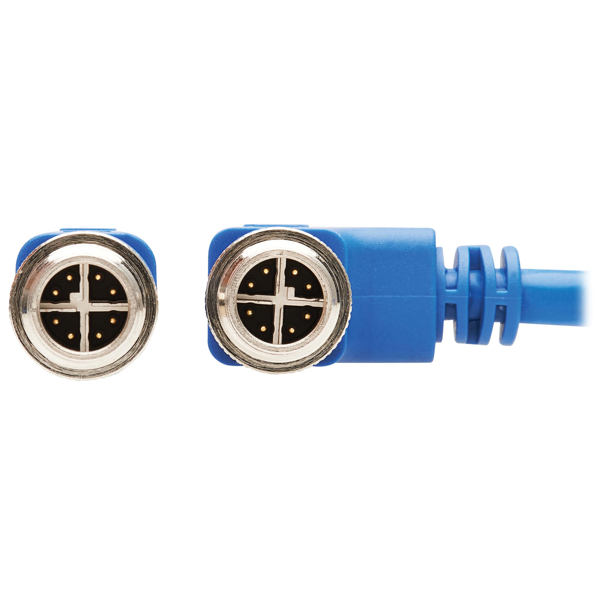 Tripp Lite M12 X-Code Right-Angle Cat6 Ethernet Cable (Male to Male) - 10M/32.8ft Blue - 1Gbps UTP, UL CMR-LP Certified, 60W PoE, Heavy-Duty IP68 Rated - Perfect for Industrial Networks, Outdoor Installations & Harsh Environments
