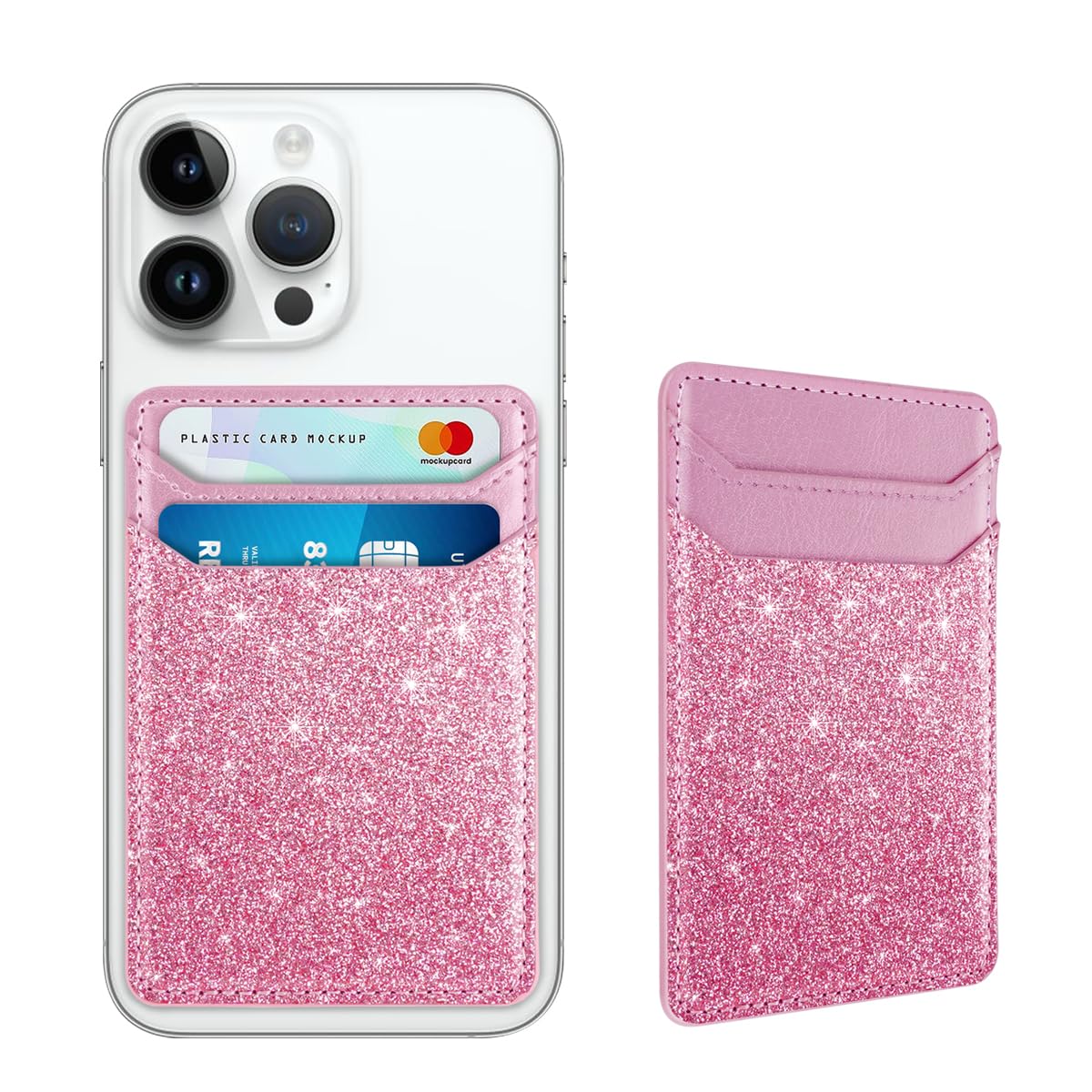 Self Adhesive Card Holder for Phone - Leather RFID Blocking Phone Wallet with Sticky Back - Credit Card Sleeve for Phone Case (Glitter Pink) - Perfect for Hands-Free Shopping & Contactless Payments