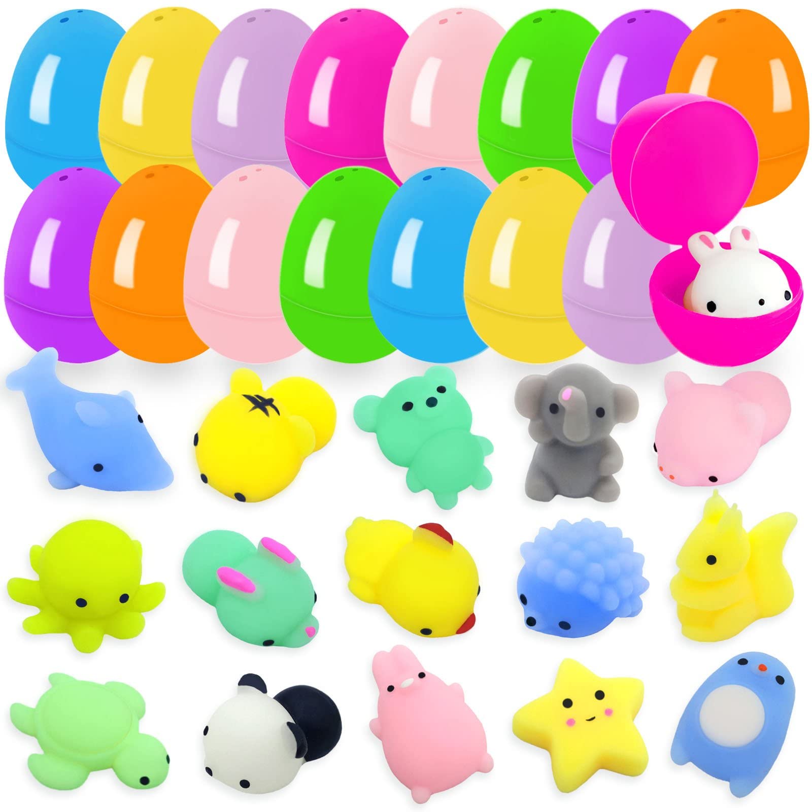 16 Pack Easter Eggs with Squishy Animal Toys Inside - Colorful Stuffed Easter Eggs Filled with Surprise Toys - Perfect for Kids Easter Egg Hunt, Party Favors, Basket Stuffers & Holiday Gifts