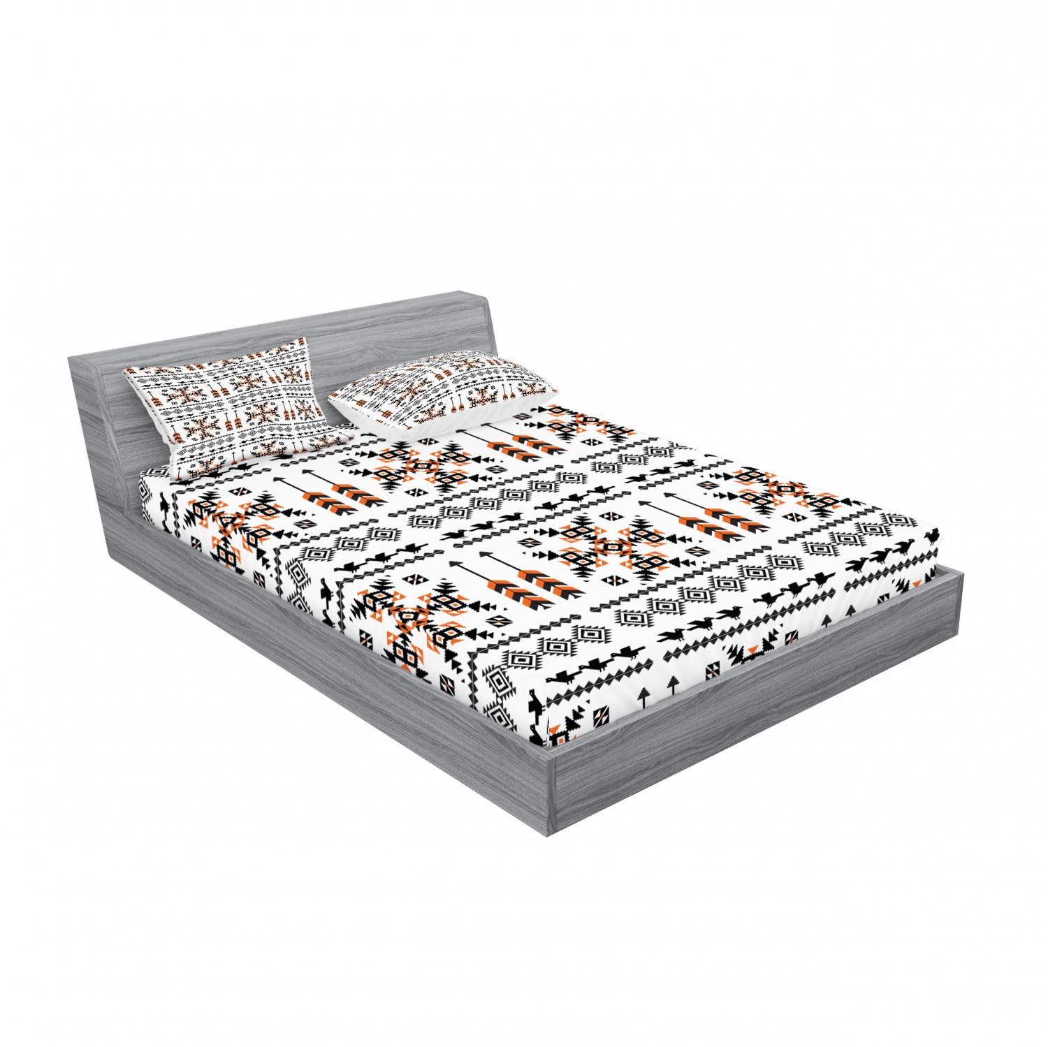 Ambesonne 2-Pack Queen Size Fitted Sheet Set with 4 Pillow Shams - Tribal Birds & Arrows Pattern Bedding in Orange, Black & White - Perfect for Boho Bedroom Decor & Guest Room Styling