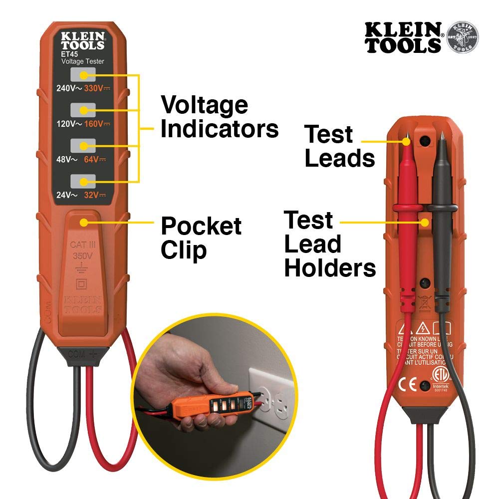 Klein Tools ET45 Voltage Tester - AC/DC Voltage Detector Pen, Non-Contact Electrical Tester with LED Light, Battery-Free for Home, Electrician & DIY Projects