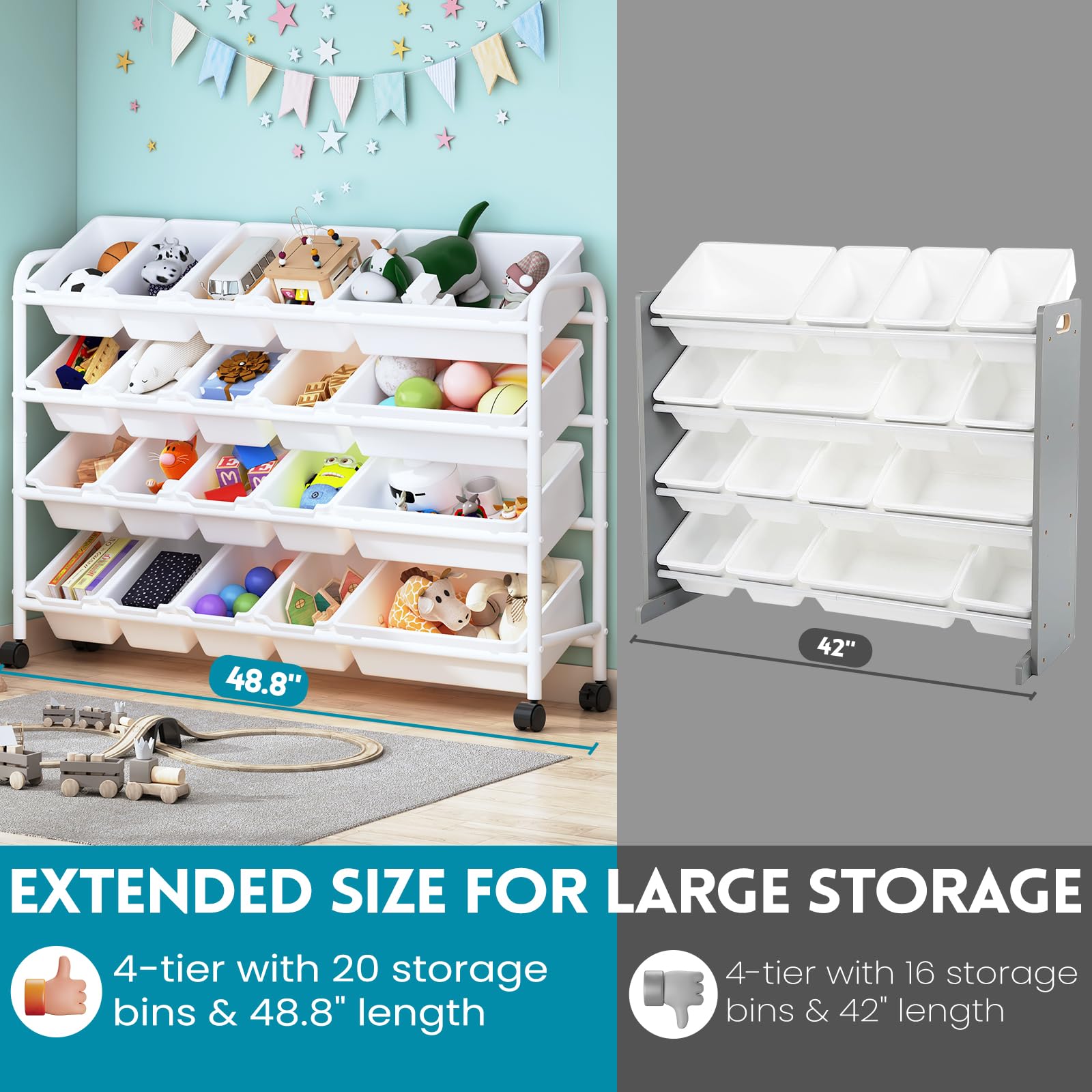 20-Bin Kids Toy Storage Organizer - 4-Tier Metal Toy Shelf with XL Plastic Bins for Playroom, Nursery & Bedroom Organization | Sturdy White Toy Rack for Easy Kids Room Storage (JSSNJ1-1_XM) - Perfect for Organizing Legos, Stuffed Animals & Art Supplies