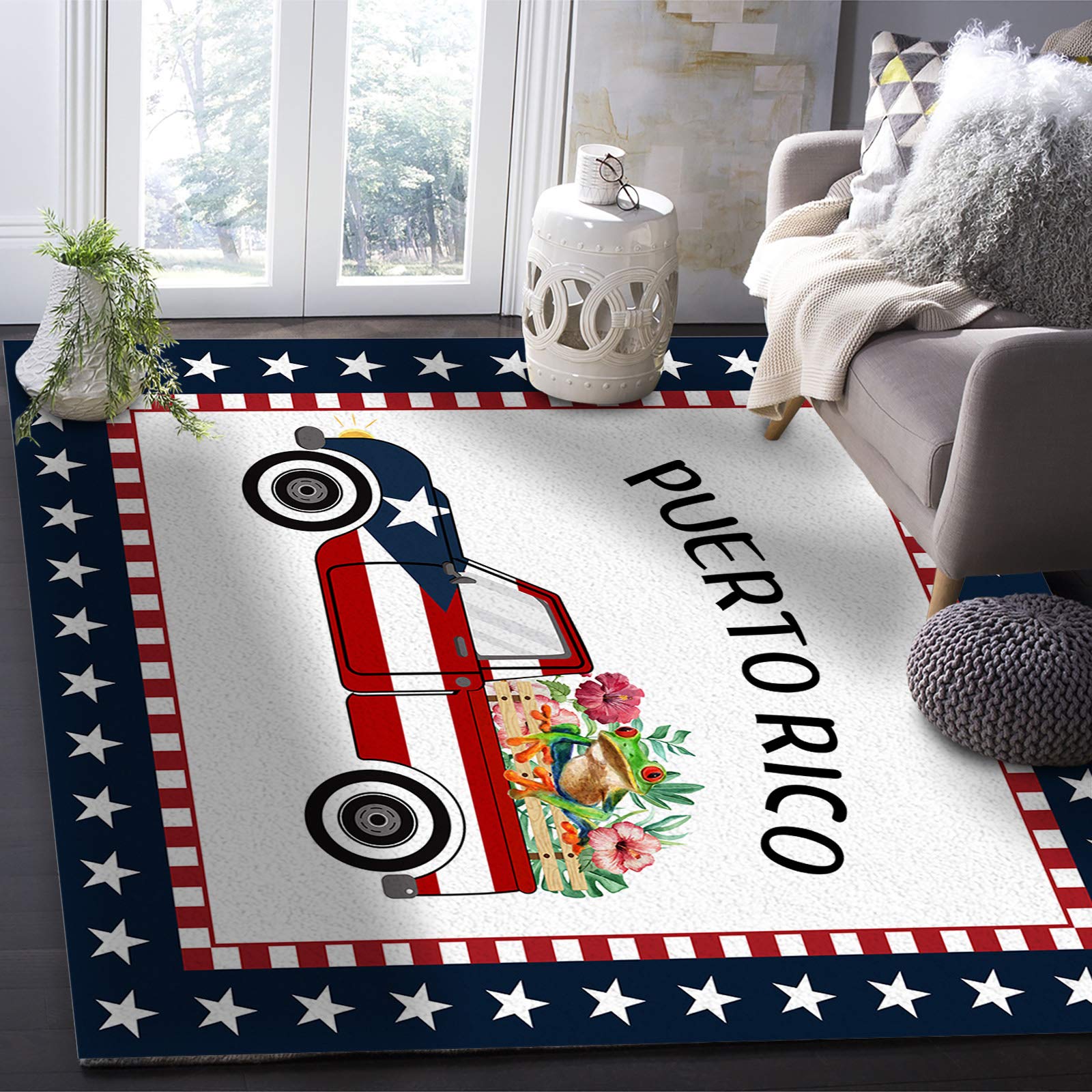 5'x8' Washable Area Runner Rug - Blue Star Border Farm Truck Frog Floral Design for Indoor/Outdoor Use | Perfect for Kitchen, Living Room, Bathroom, Bedroom, Classroom & Laundry Room | Non-Slip Doormat & Desk Mat