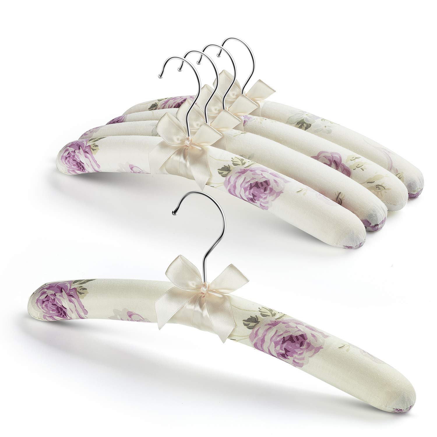 GLCON 5-Pack Satin Padded Hangers for Women - No Bump Non-Slip Shoulder Protection - Floral & Silky Clothes Hangers for Sweaters, Dresses, Wedding & Special Occasions - Perfect for Closet Organization & Delicate Garment Care