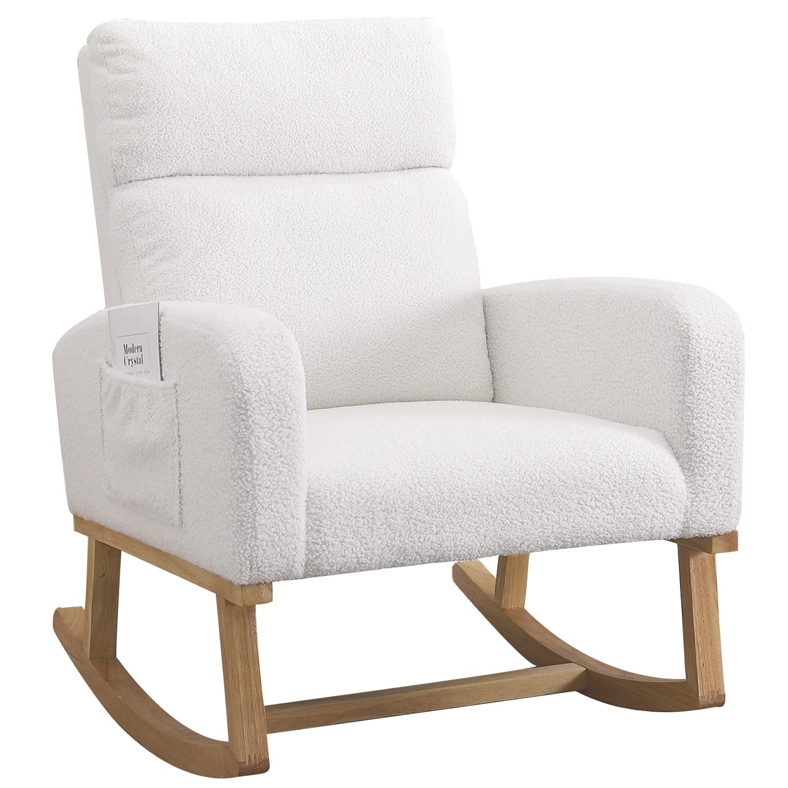 Comfortable Nursery Rocking Chair for Mom - High Backrest Teddy Glider Rocker with Side Pocket & Extended Wood Legs - Perfect for Bedroom, Living Room & Nursery - Soft White Sherpa Fabric for Relaxing & Breastfeeding