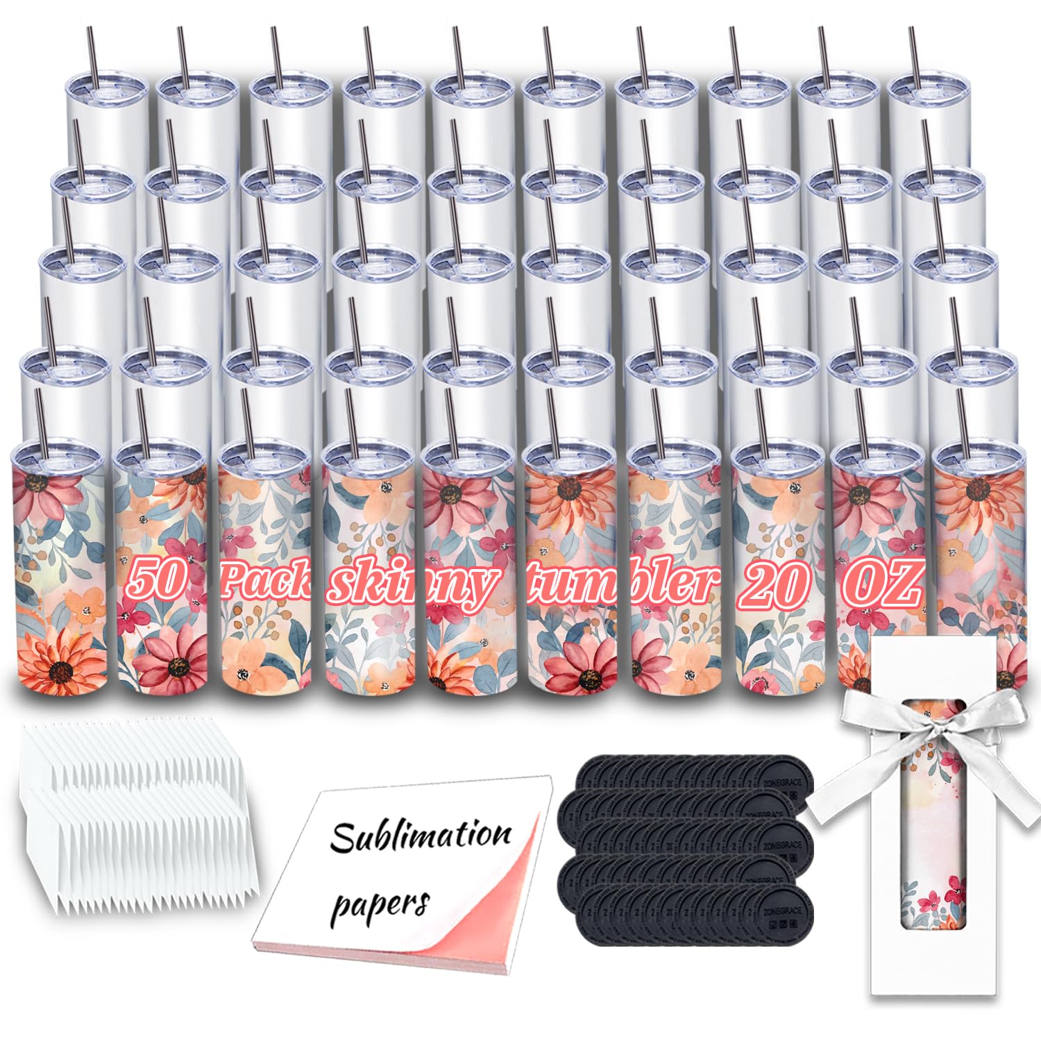 50 Pack 20 oz Skinny Sublimation Tumblers - Stainless Steel Double Wall Insulated Blank White Tumbler Cups with Lids - Bulk Sublimation Blanks for DIY Heat Transfer - Perfect for Custom Gifts, Promotional Items & Personalized Drinkware