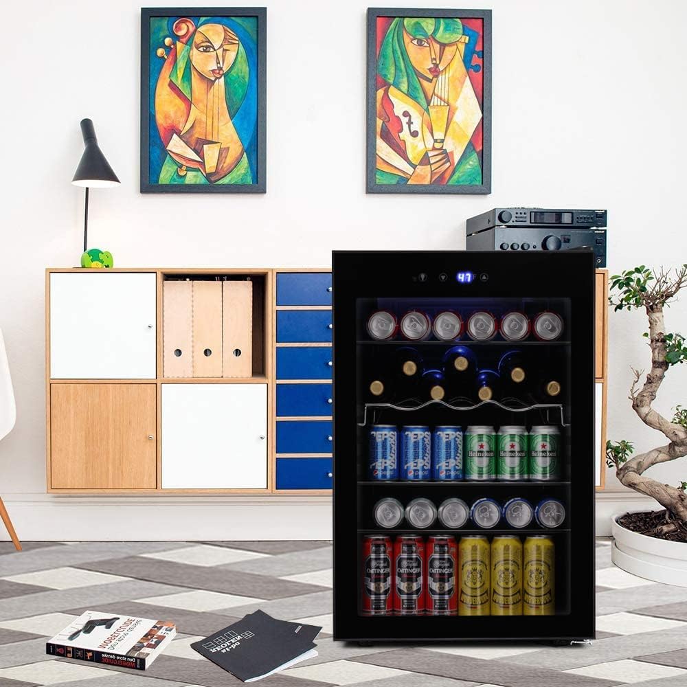 Kismile 4.5 Cu.ft Mini Fridge with Glass Door - 145 Can Capacity Beverage Cooler for Soda, Beer & Wine - Digital Temperature Display - Compact Drink Refrigerator for Home, Office, Bar & Game Room (Black) - Perfect for Parties, Entertaining & Everyday Use