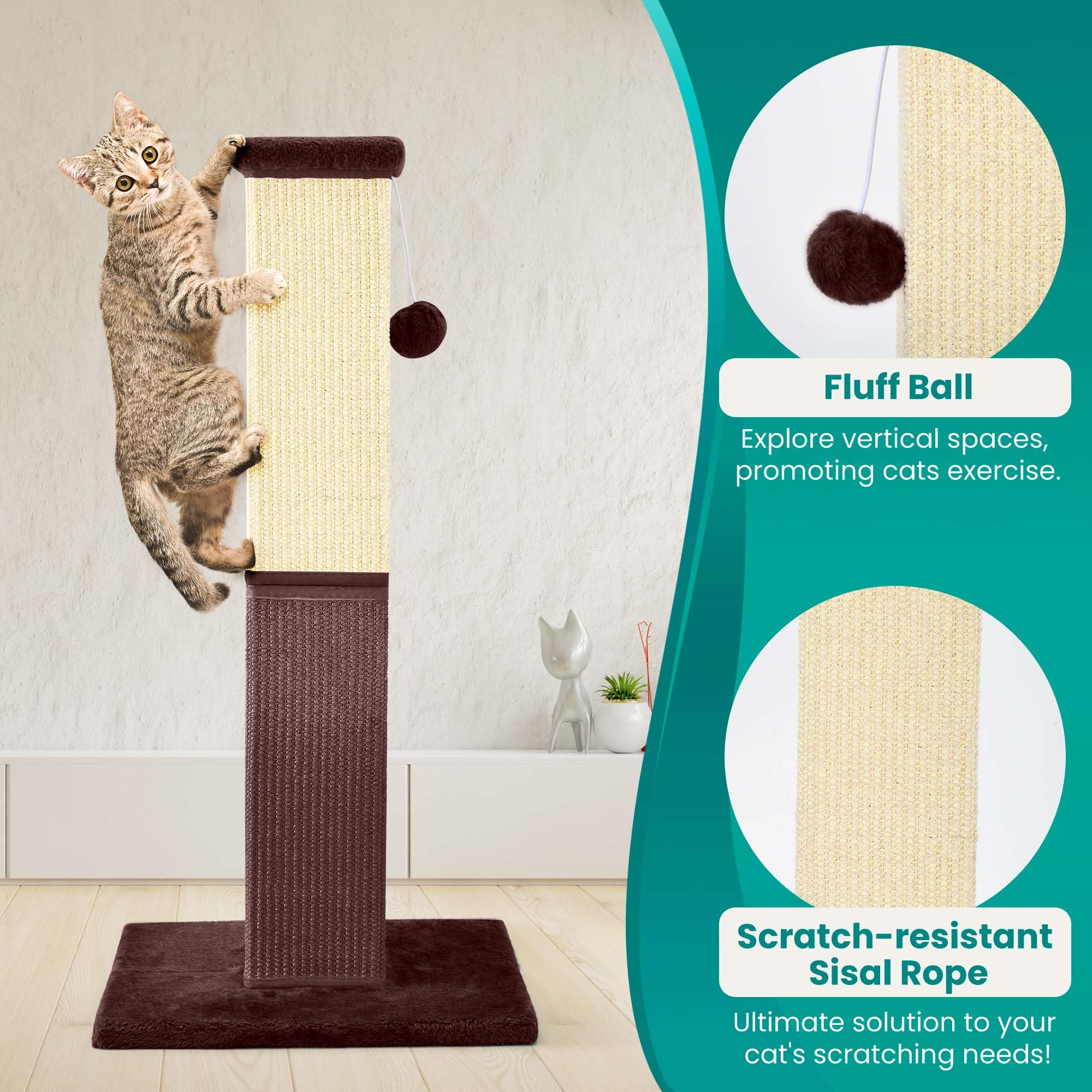 32 Inch Tall Cat Scratching Post for Large Cats - Natural Sisal Cat Scratcher for Indoor Kittens & Adult Cats (Brown) - Perfect for Living Room, Bedroom & Home Office Cat Furniture
