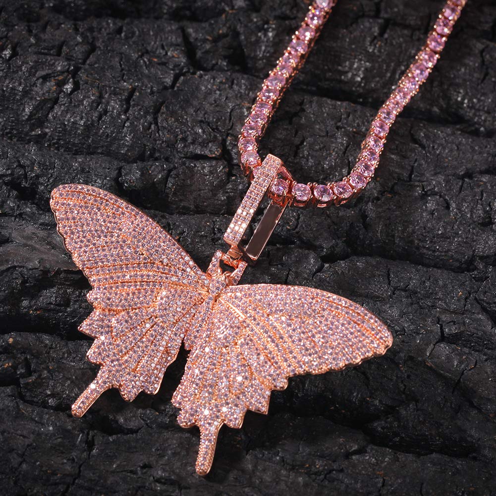 18K Gold Plated CZ Simulated Diamond Pink Butterfly Pendant Necklace for Men & Women | Iced Out Hip Hop Chain | Perfect for Parties, Gifts & Fashion Jewelry
