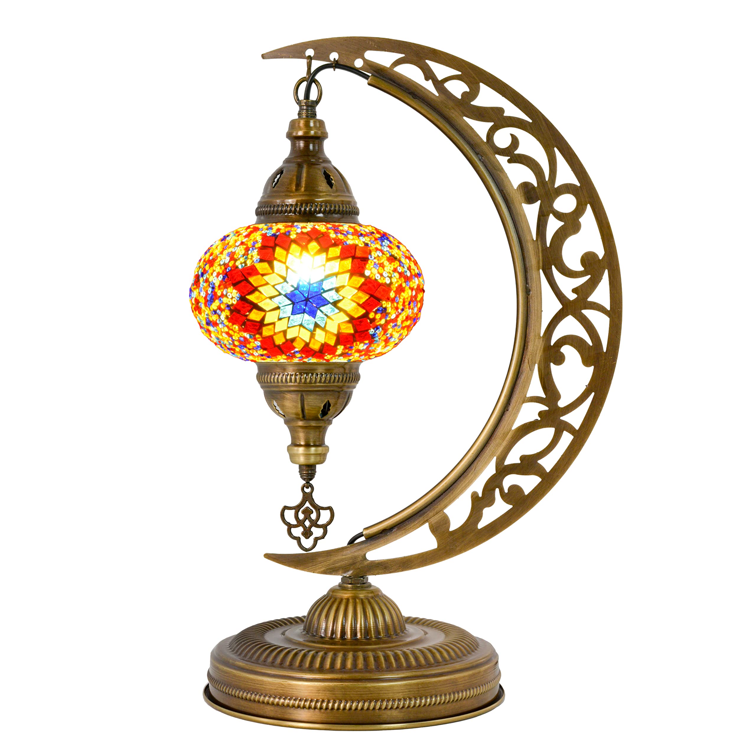 Mozaist Turkish Tiffany Style Moon Shape Table Lamp - Handcrafted Moroccan Mosaic Crescent Desk Light with Stained Glass, E12 Socket & US Plug | Rustic Home Decor for Bedroom, Living Room & Dining Room (Sunflower Design)