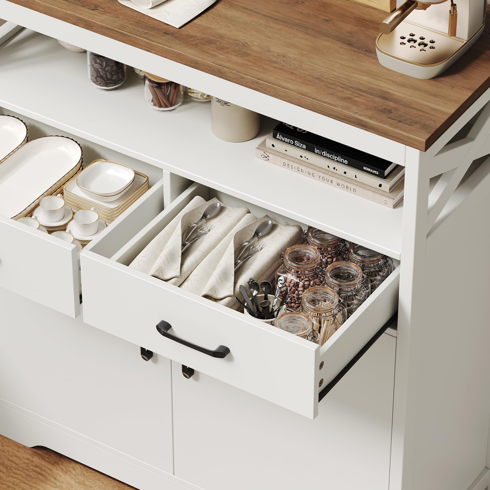 Modern Farmhouse Buffet Sideboard - Wooden Kitchen Storage Cabinet with Shelves, Doors & Drawers - Coffee Bar & Living Room Cupboard - White & Rustic Brown - Perfect for Dining Room, Entryway & Home Organization