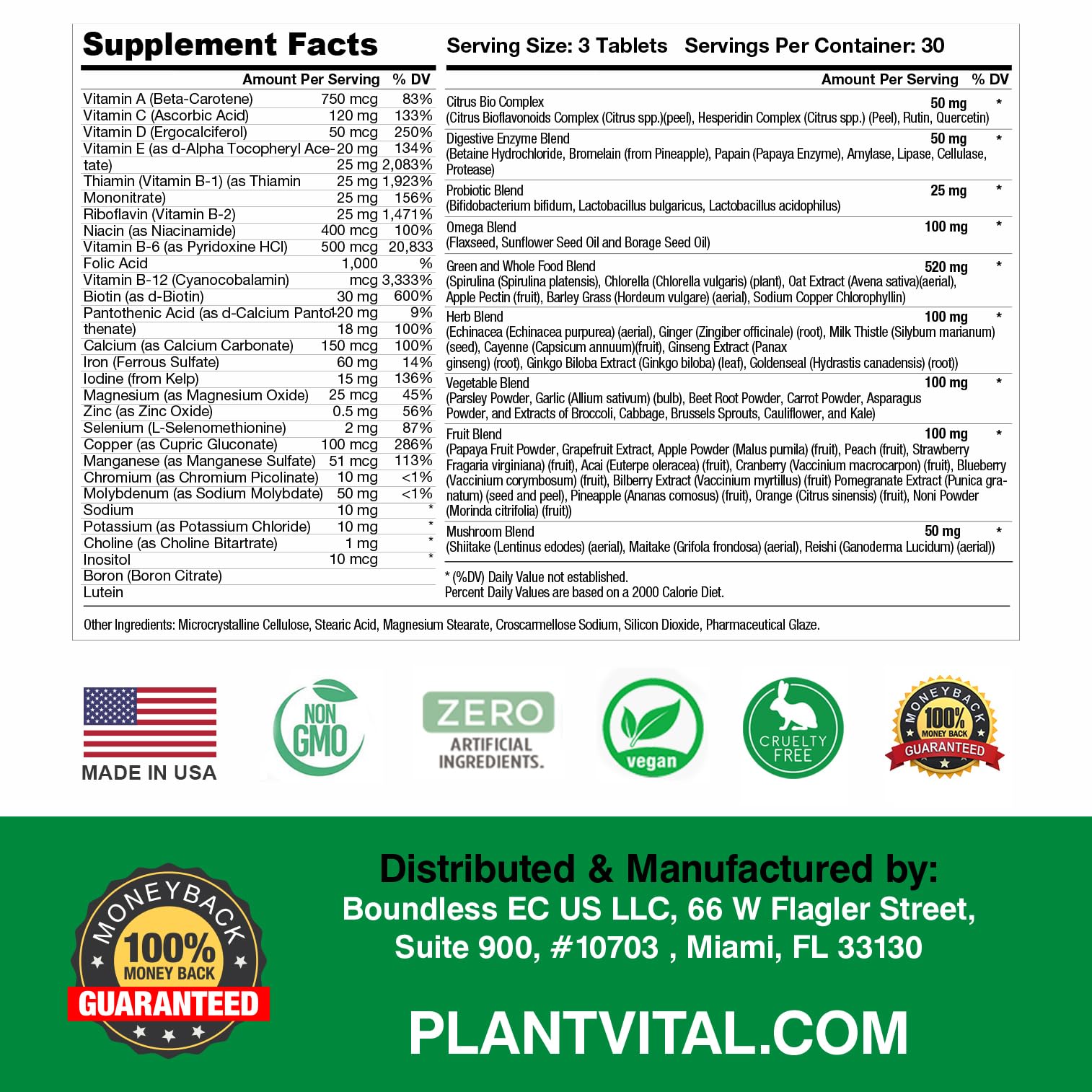 Plantvital Whole Food Multivitamin - 270 Tablets with 42 Superfoods, Raw Vegetables & Fruits for Natural Energy | Daily Supplement for Men & Women | Supports Immune Health & Vitality