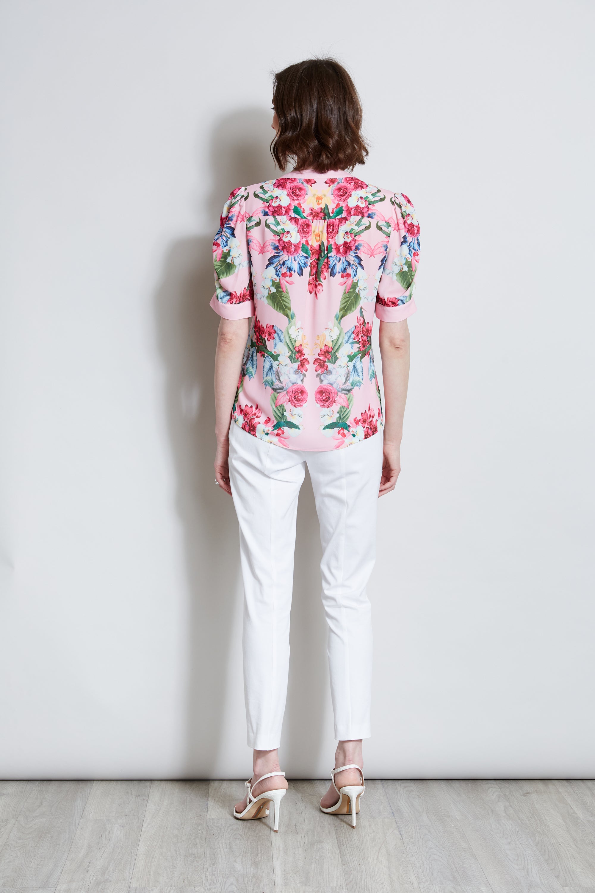 Tahari Rose Print Puff Shoulder Blouse - Women's Floral Embroidered Elegant Top for Work, Party & Date Night